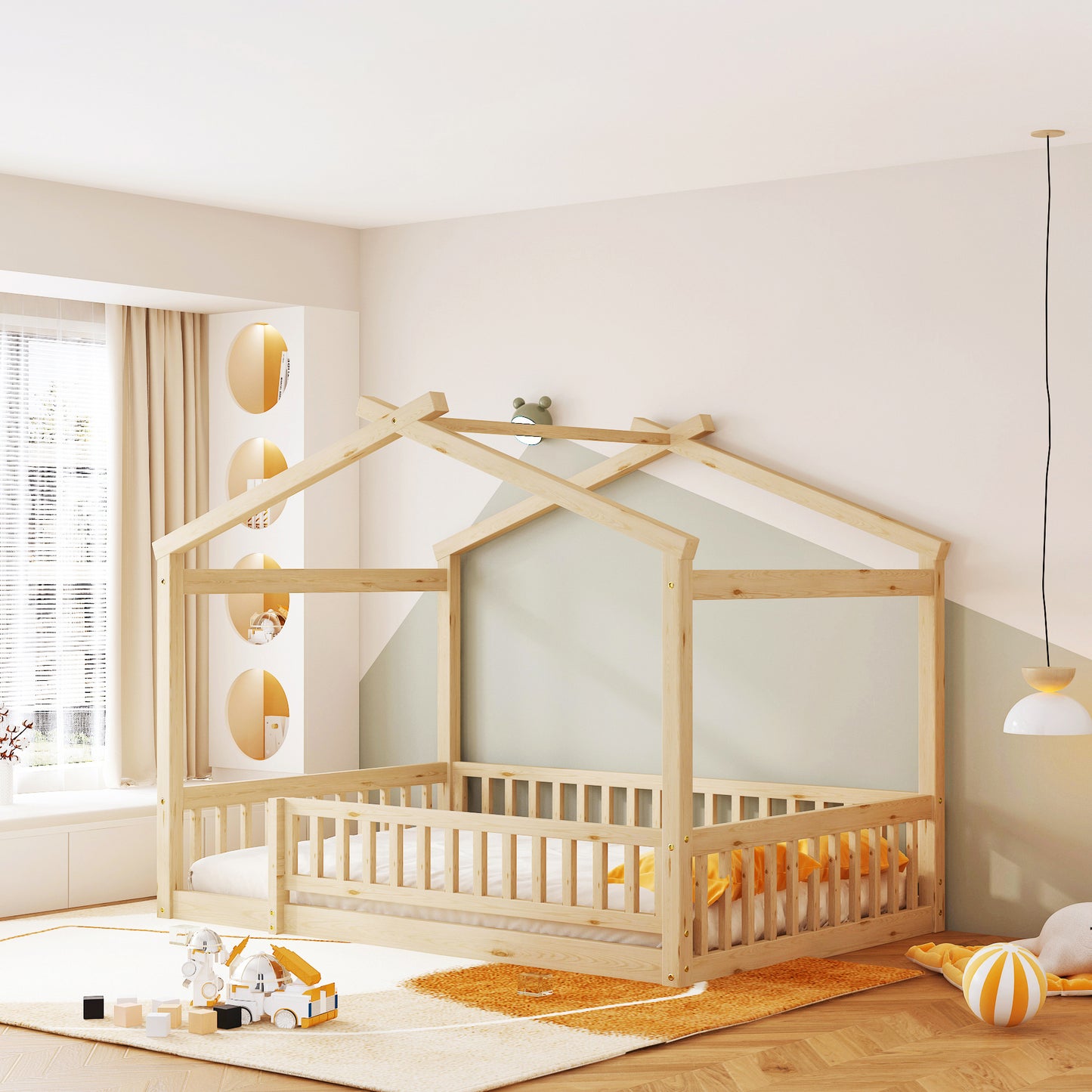 Full Size Wood Bed House Bed Frame with Fence, for Kids, Teens, Girls, Boys,Natural WF302177AAN