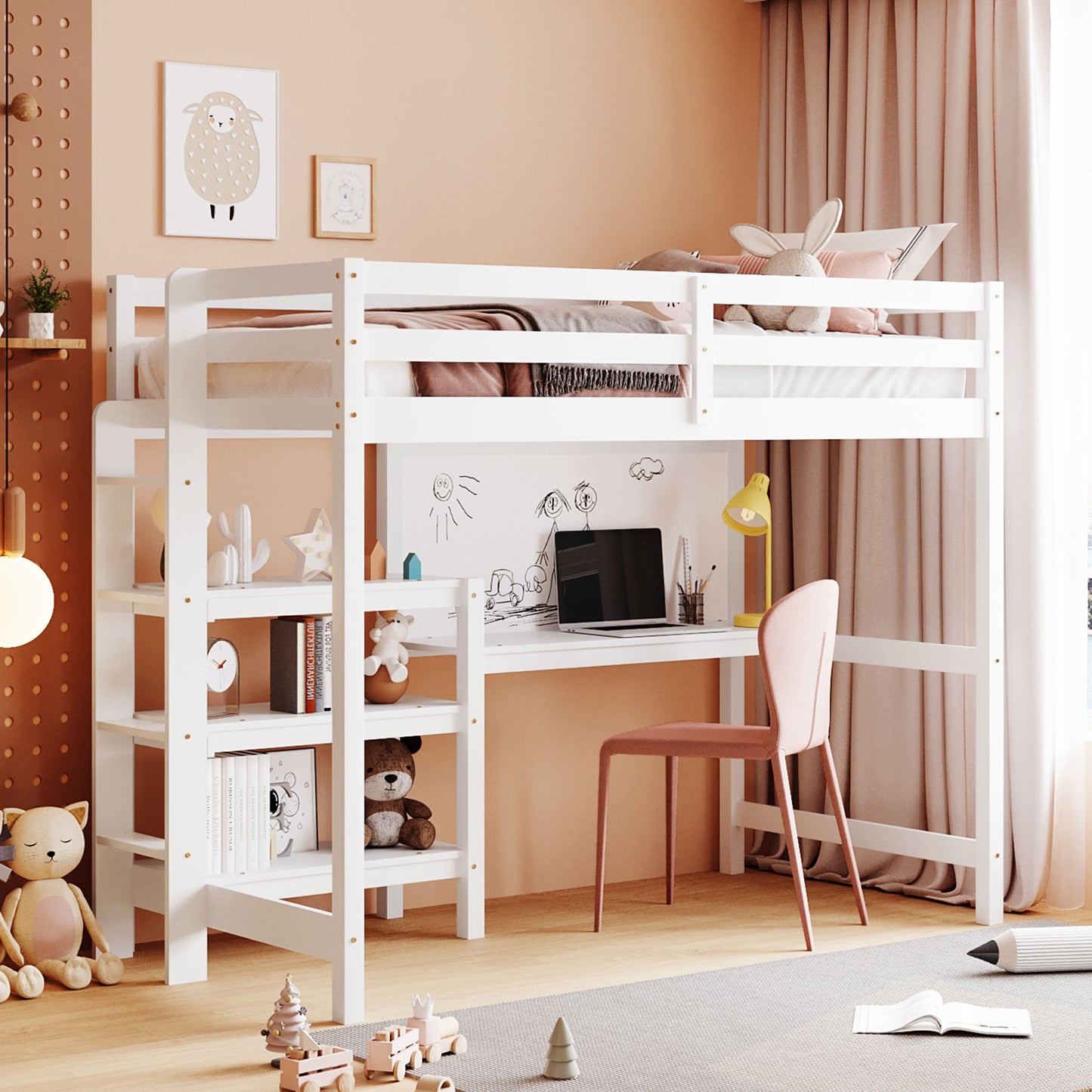 Twin Size Wooden Loft Bed with Shelves, Desk and Writing Board - White LT000320AAK