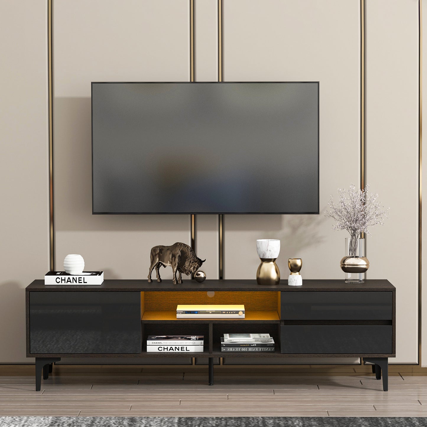 TV stand,TV Cabinet,entertainment center,TV console,media console,with LED remote control lights,UV bloom drawer panel,ferrous legs,can be placed in the living room, bedroom, color: Dark Brown+black W679126301