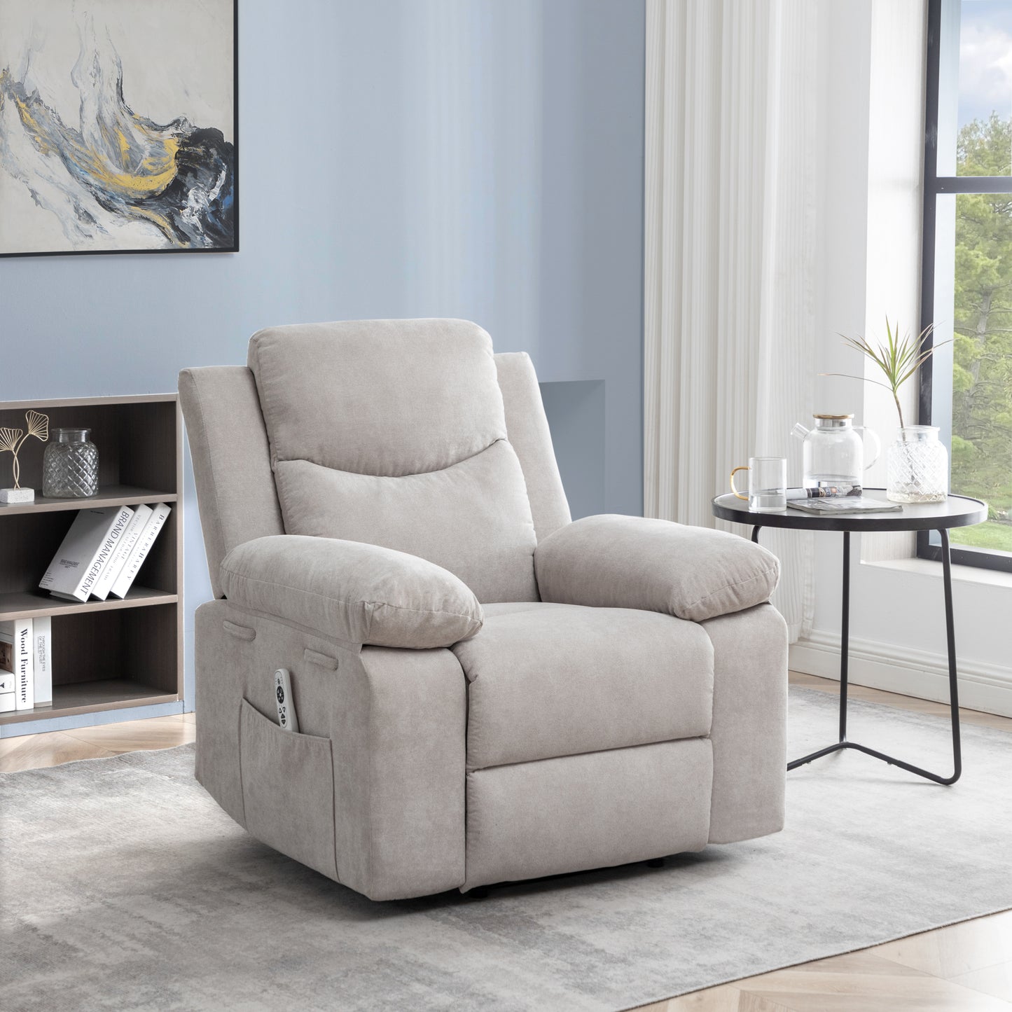 Power Recliner Chair with Adjustable Massage Function, Velvet Electric Power Chair for Elderly with One Side Pockets, Recliner W1998120239Chair with Heating System for Living Room,Beige