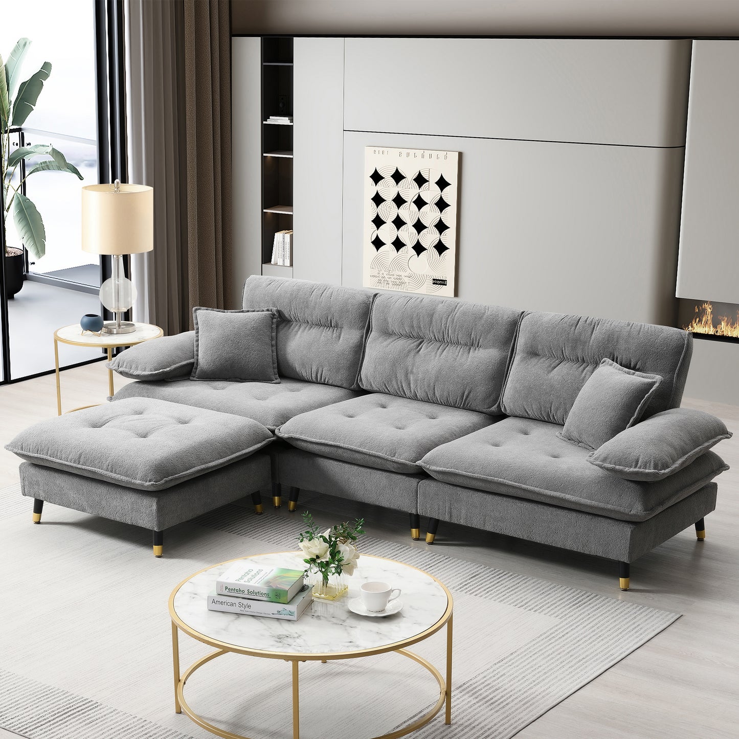 106*66.5' L shaped Convertible Sectional Sofa,4 Seat Tufted Couch Set with Two-tone Adjust Legs,Cloud Chenille Fabric,Movable Ottoman for Living Room, Apartment,Office,3 Colors N723S6035E