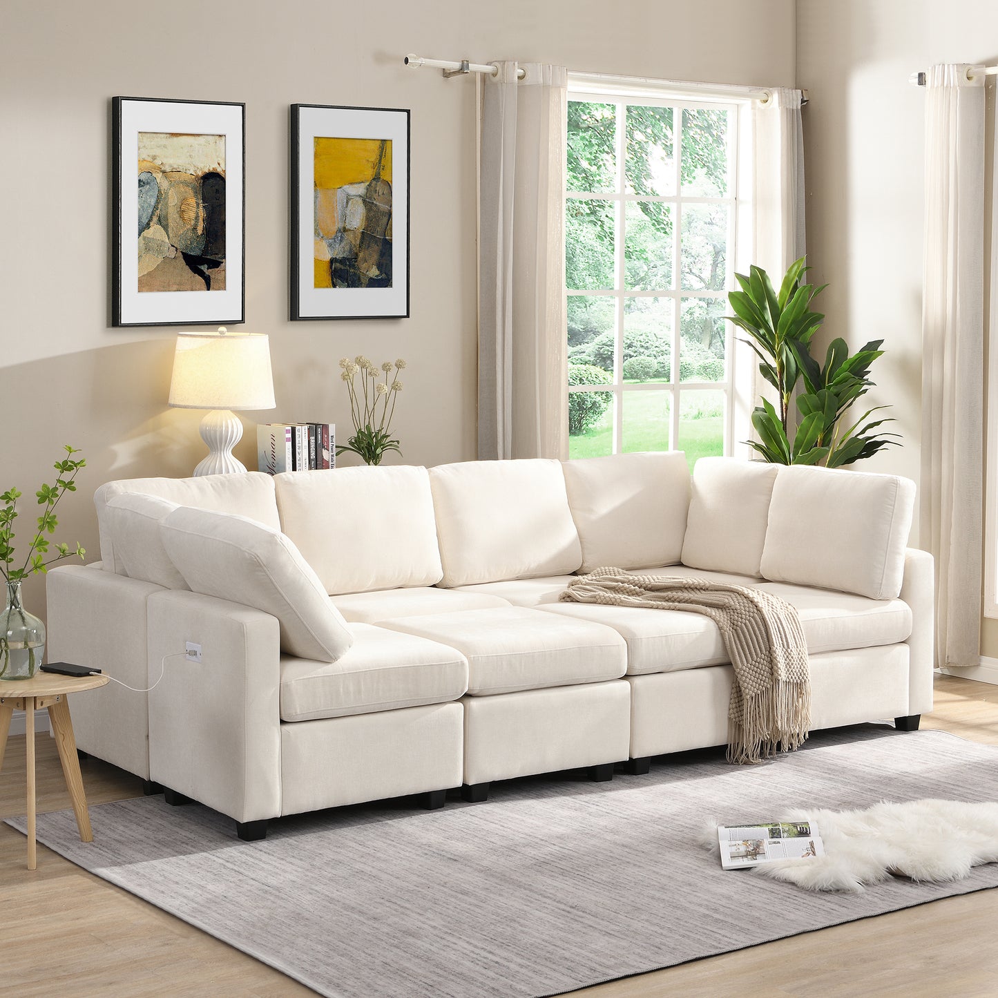103' Sectional Sofa Couch Sofa Bed U-shaped Sofa with Two Movable Ottoman and Three USB Ports for Living Room, Beige N719S001620A