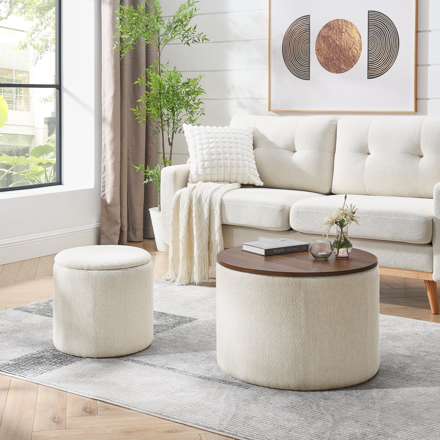 2-Piece Set Round Chenille Storage Ottoman, Equipped with a Drum Shaped Small Stool, Storage Space, and MDF Made Desktop Panel (Beige 23.62'x23.62'x16.53') W487P179601