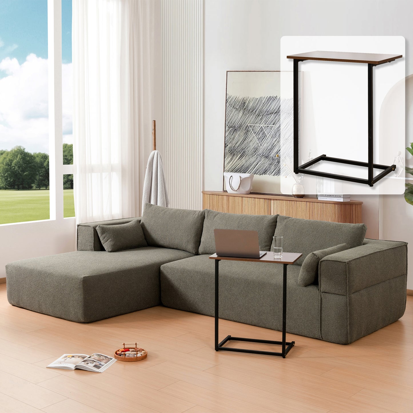 112'Modular Sectional Sofa with Free Side Table,Wide Seat,Fully Compressed,Wrinkle-resistant Boucle Fabric Couch with Chaise,Free Combination,L-Shaped Sofa for Living Room,No Assembly Required,3 Color N723S9670F