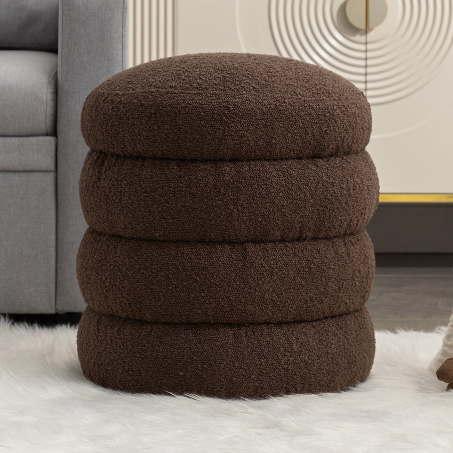 006-Soft Boucle Round Ottoman Footrest Stool,Brown W527121866
