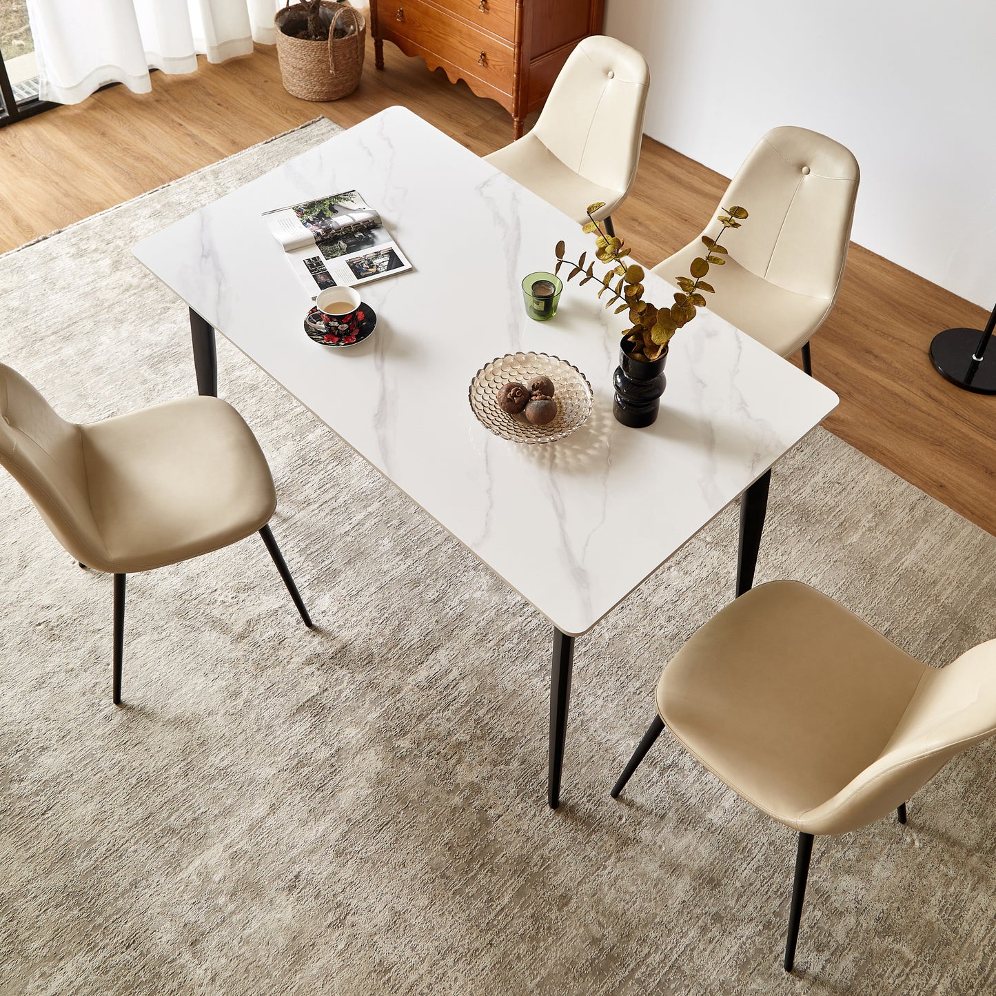 Dining Table Table 55' Rectangular White Kitchen Table with Porcelain Table Top and Metal Legs,Dining Room Table for 4,Mid Century Dinner Table for Living Room and Office,Table Only W1911S00001