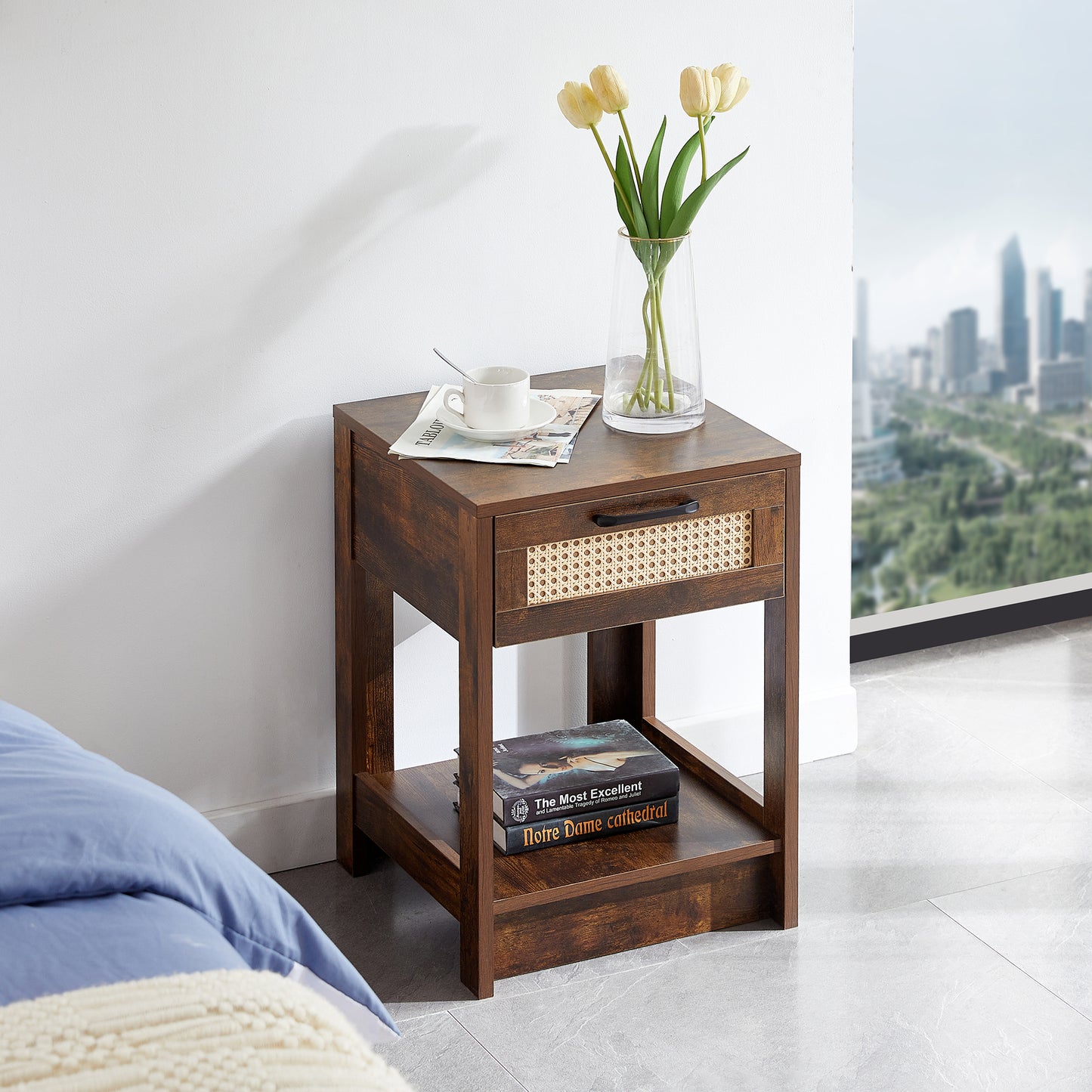 15.75' Rattan End table with drawer, Modern nightstand, side table for living room, bedroom,Rustic Brown W126573109