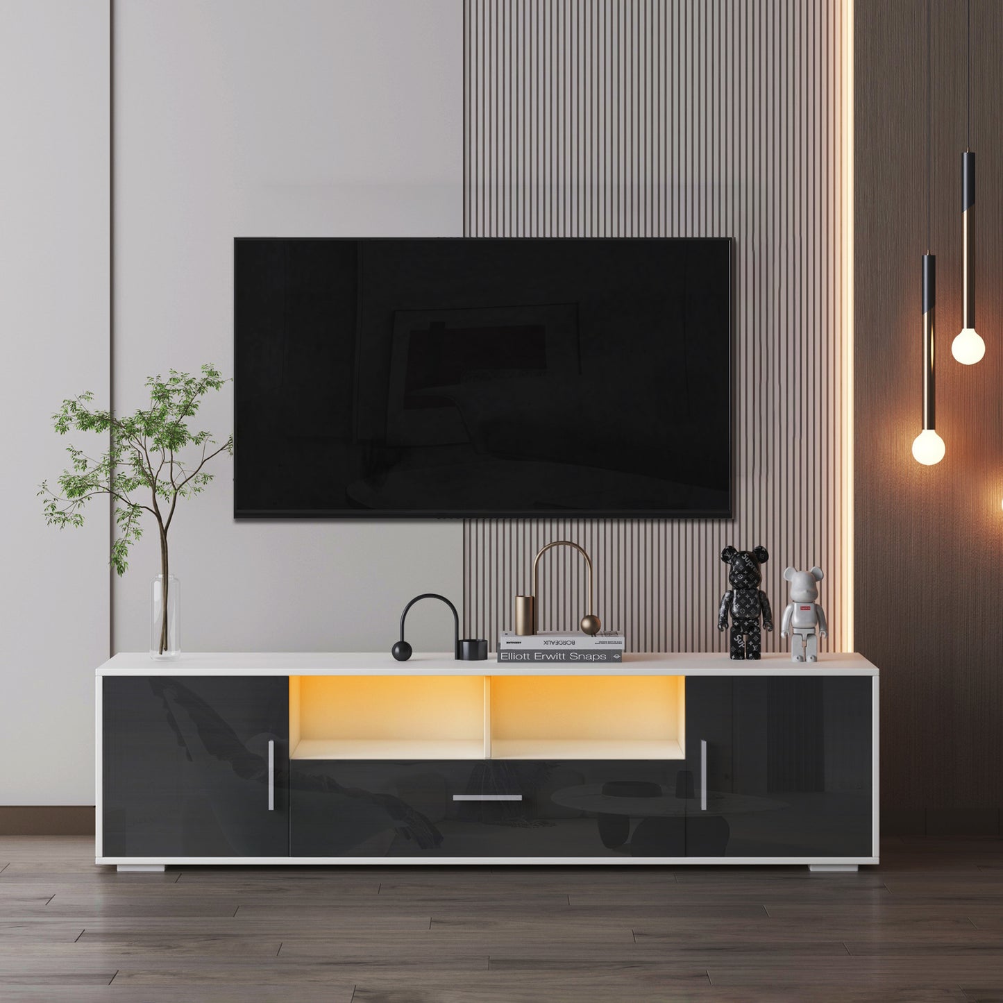 FashionTV stand,TV Cabinet,entertainment center TV station,TV console,console with LED light belt, light belt can be remote control,with cabinets,open cells,for the living room,bedroom,white+dark gray W67936019