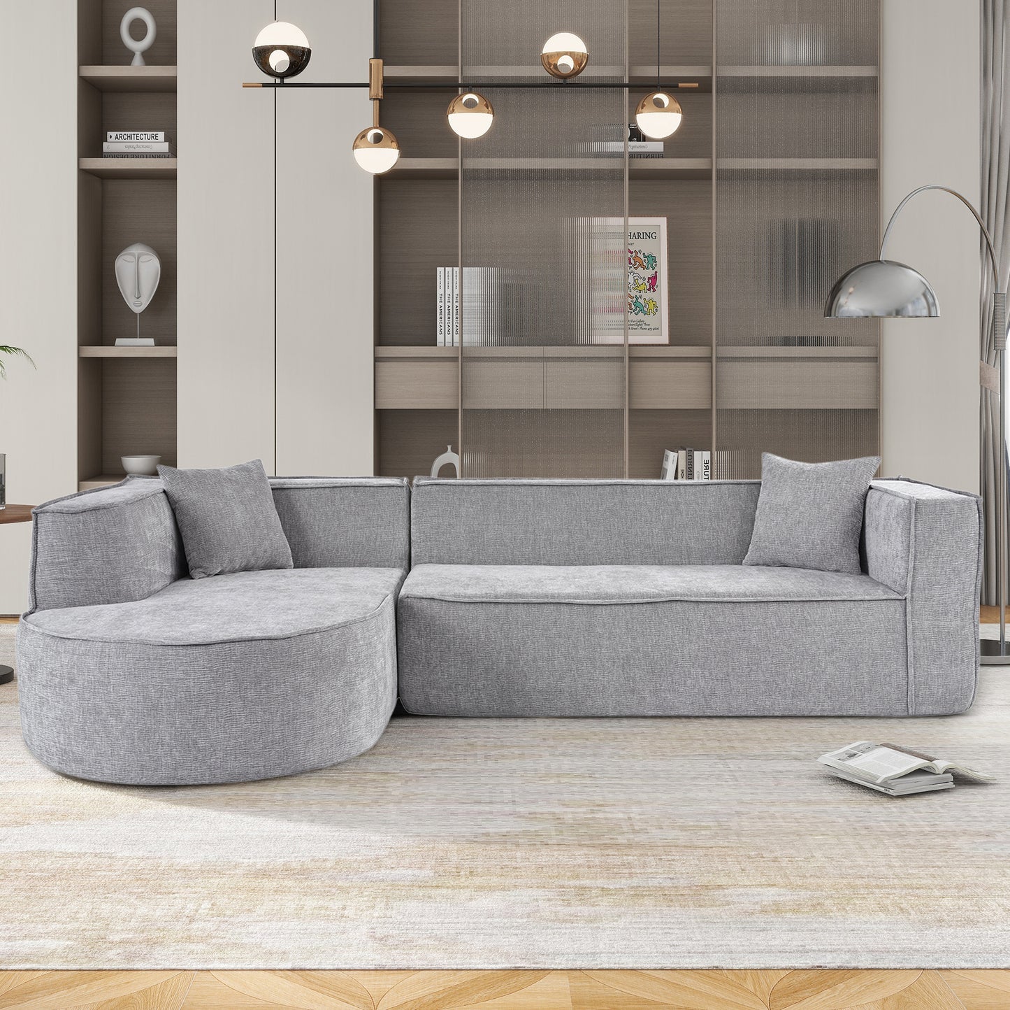 U_Style Modern Style Sectional Sofa,Sponge Sectional Sofa Couch,Modular L-Shape Sofa Couch with Elegant curved design and luxurious chenille fabric,two throw pillows,for Living Room, Study WY000417AAE