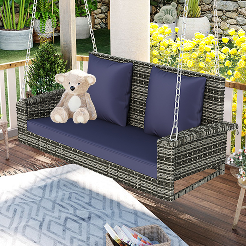 GO 2-Person Wicker Hanging Porch Swing with Chains, Cushion, Pillow, Rattan Swing Bench for Garden, Backyard, Pond. (Gray Wicker, Blue Cushion) WF301718AAC