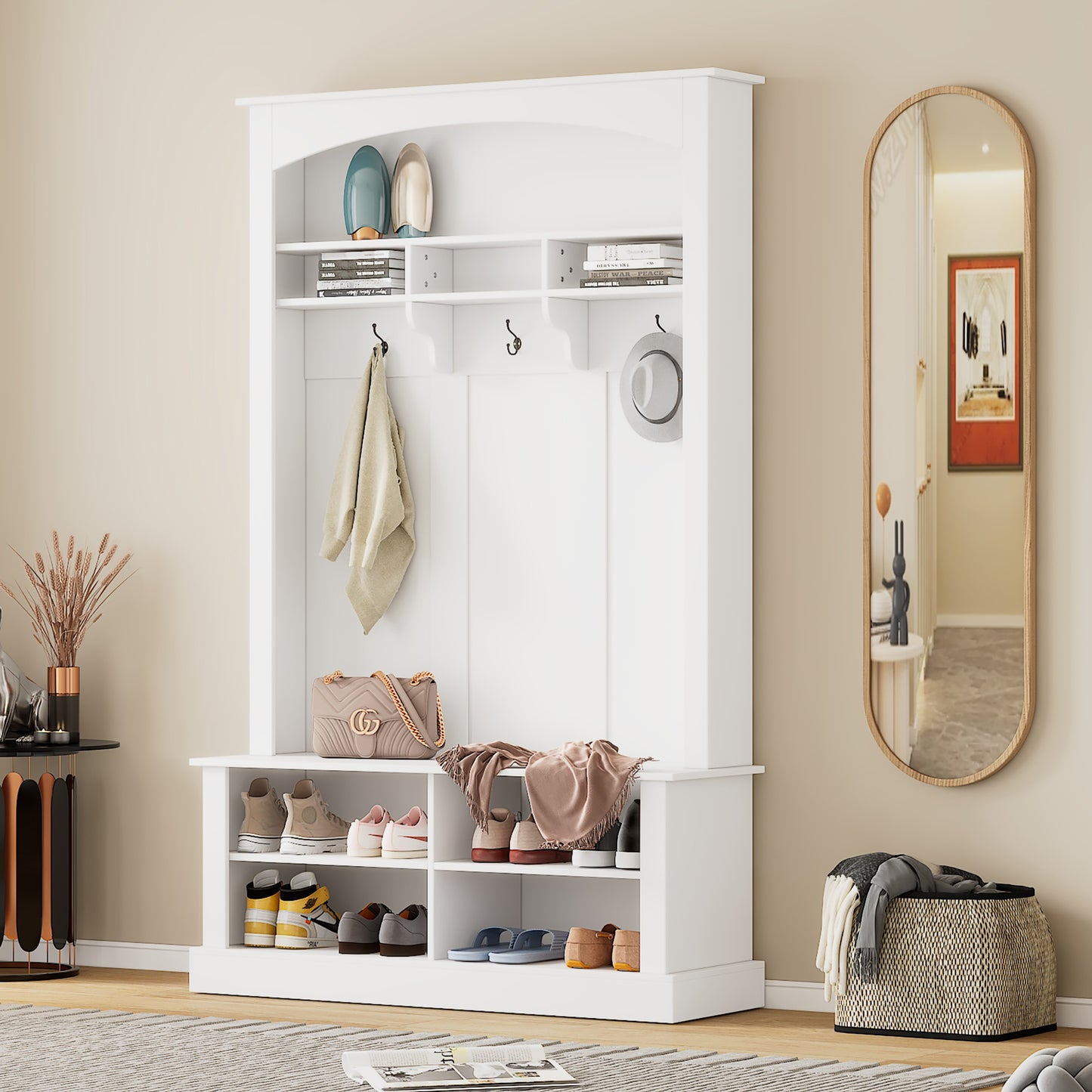 ON-TREND 47.2'' Wide Hall Tree with Bench and Shoe Storage, Multi-functional Storage Bench with 3 Hanging Hooks & Open Storage Space, Rectangle Storage & Shelves Coat Rack for Hallway, White WF317362AAK