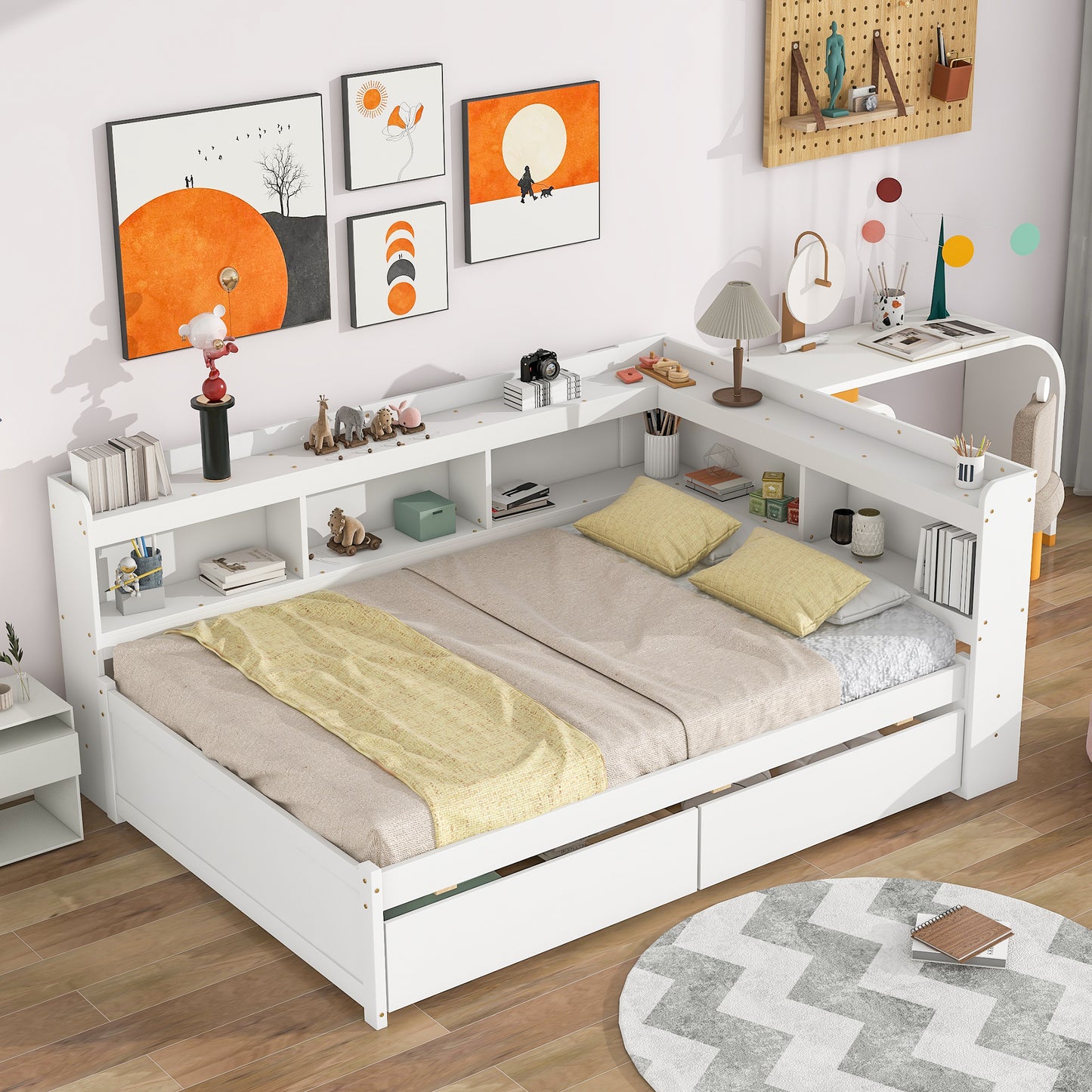 Full Bed with L-shaped Bookcases, Drawers ,White W504S00098