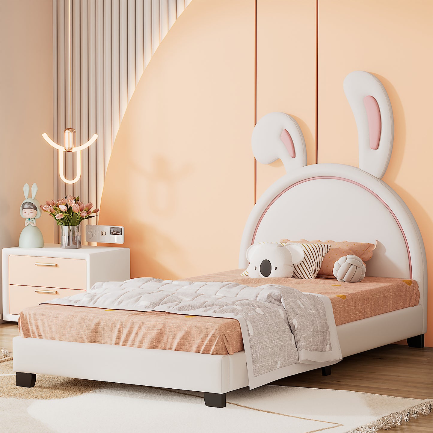 Twin Size Upholstered Leather Platform Bed with Rabbit Ornament, White WF299137AAK