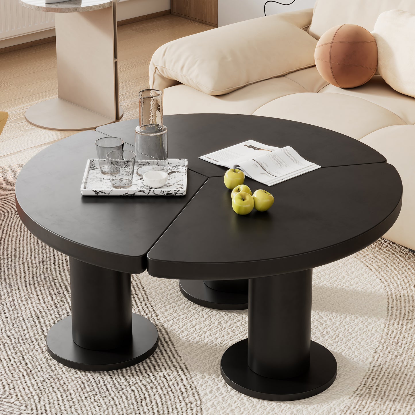ON-TREND Φ39.4'' Easy Assembly Round Petal-Shaped Coffee Table, Cream Style Center Table with 3 Thick Legs, Minimalist Irregular End Table with Sleek Round Edges for Living Room, Black N721P190396B