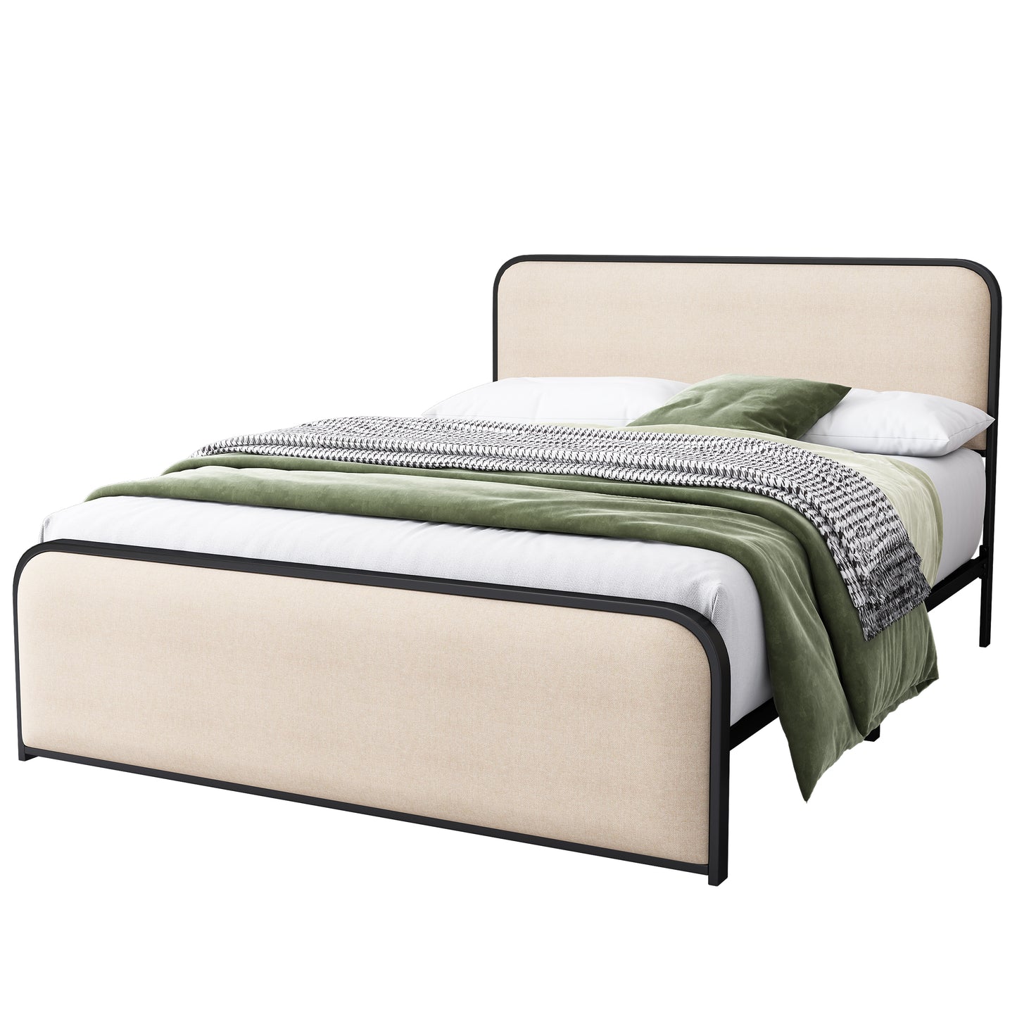 Modern Metal Bed Frame with Curved Upholstered Headboard and Footboard, Under Bed Storage, Heavy Duty Metal Slats, King Size, Beige N701P229015B