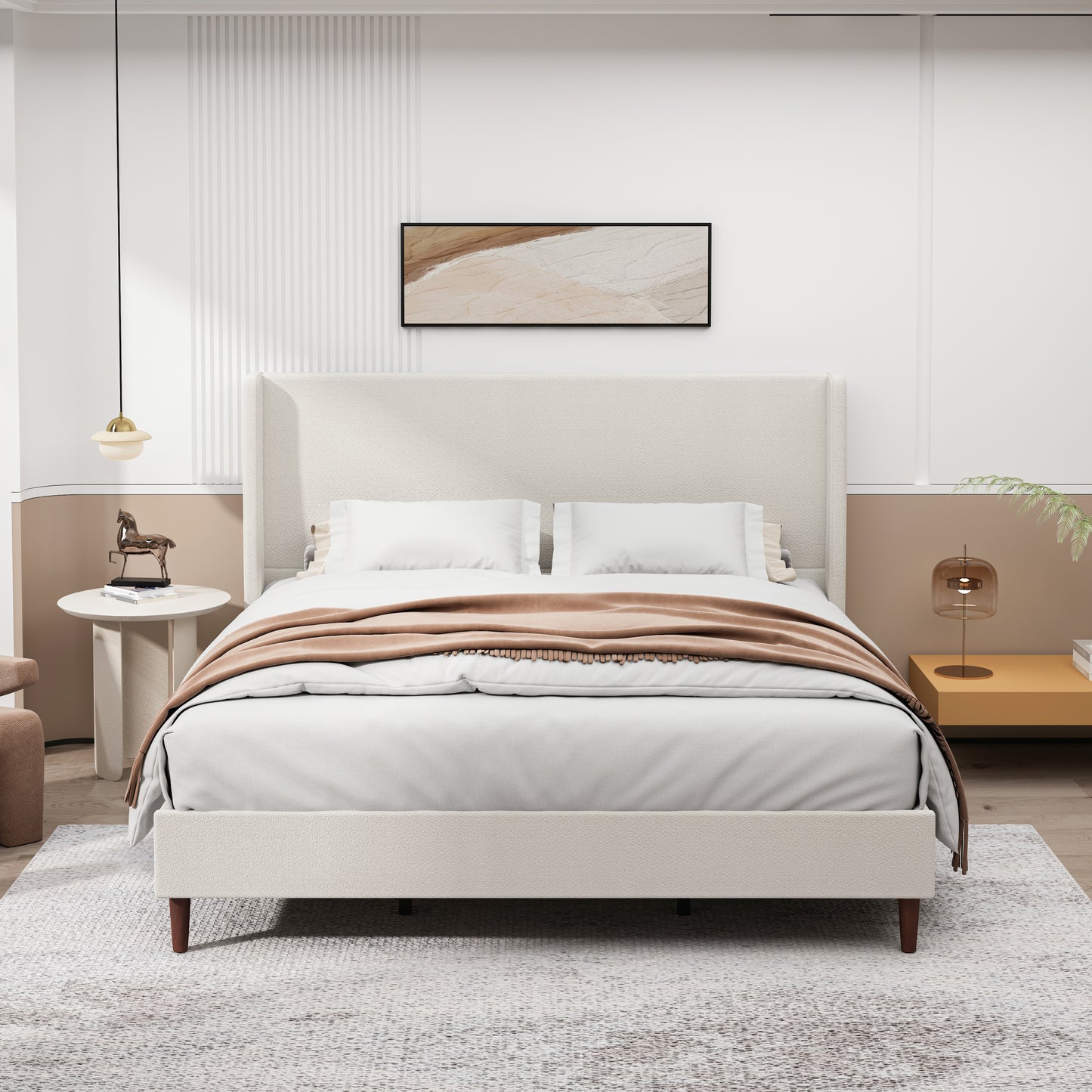 High Back Soft Bed King size, 12-Slat Support, High Quality Soft Bed, Easy to Assemble, Beige, Chenille Cloth W1716P237430