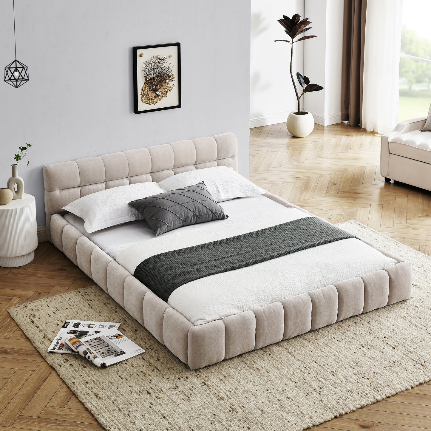 Queen Size Upholstered Bed Frame with Thick Fabric, Chenille Fabric Grounded Queen Size Platform Bed with Headboard and Solid Frame. No Box Spring Needed, Beige(68''*86.5''*23.5'') W487S00220