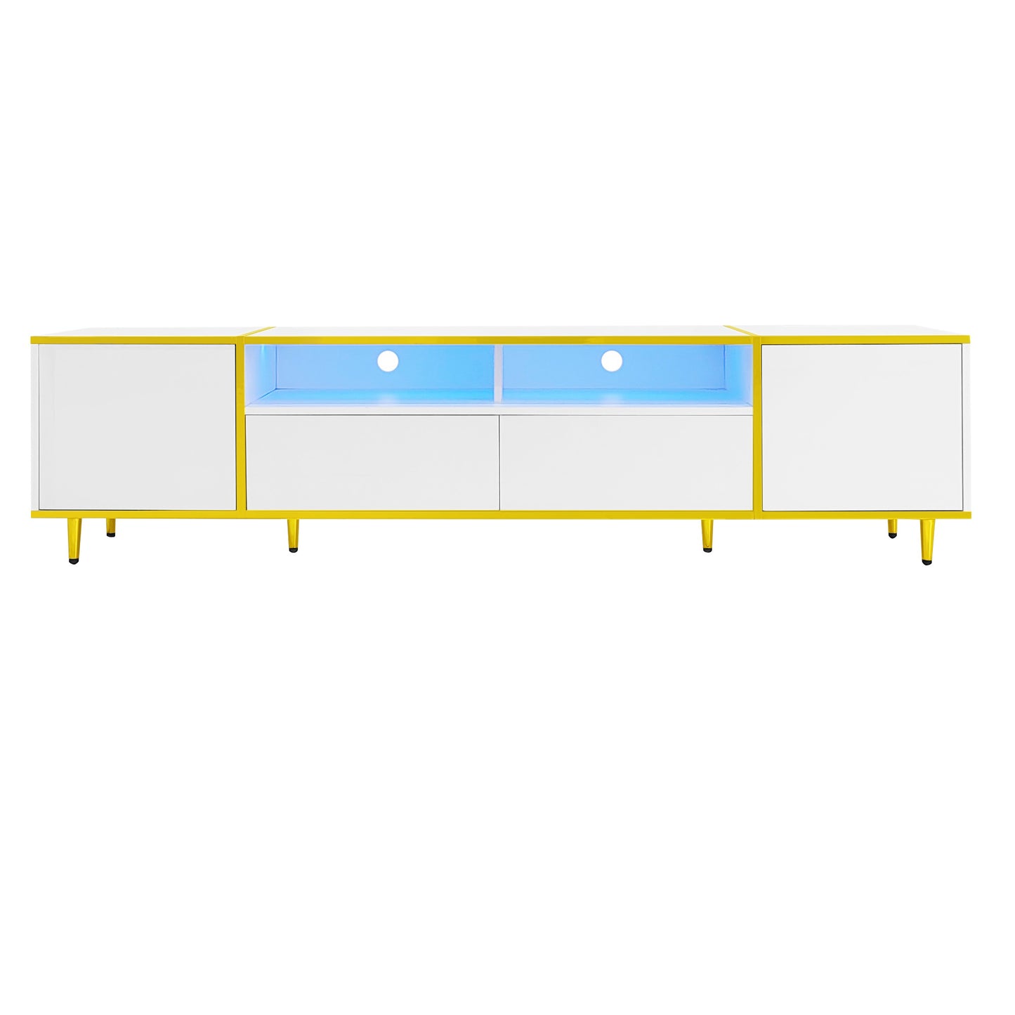U-Can 70.9'' Modern TV Stand for TVs up to 80 Inches, Entertainment Center with 2 Shelves and LED Lights, TV Storage Cabinet with 2 Drawers, 2 Cabinets and Metal Legs for Living room N724P284377K