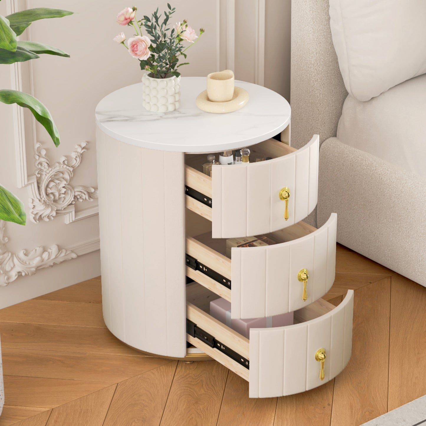 Upholstered Nightstand with 3 Drawers, Round Bedside Table with Metal Handles,Marbling Stickers Top Night Table for Bedroom, Fully Assembled Except Handles, Beige N733P272609A