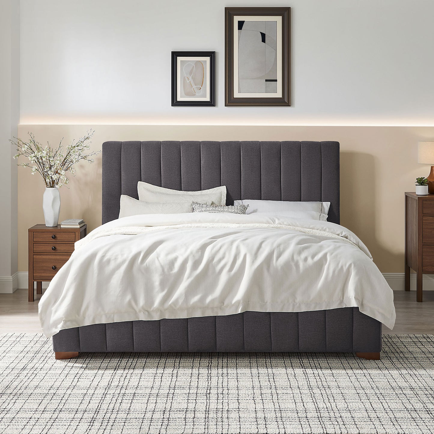 King Size Modern Design Bed Frame Upholstered Queen Bed Frame Platform with Headboard Fabric Headboard Wooden Slats Support, No Box Spring Needed,Mattress Foundation,Dark Grey W2582S00054