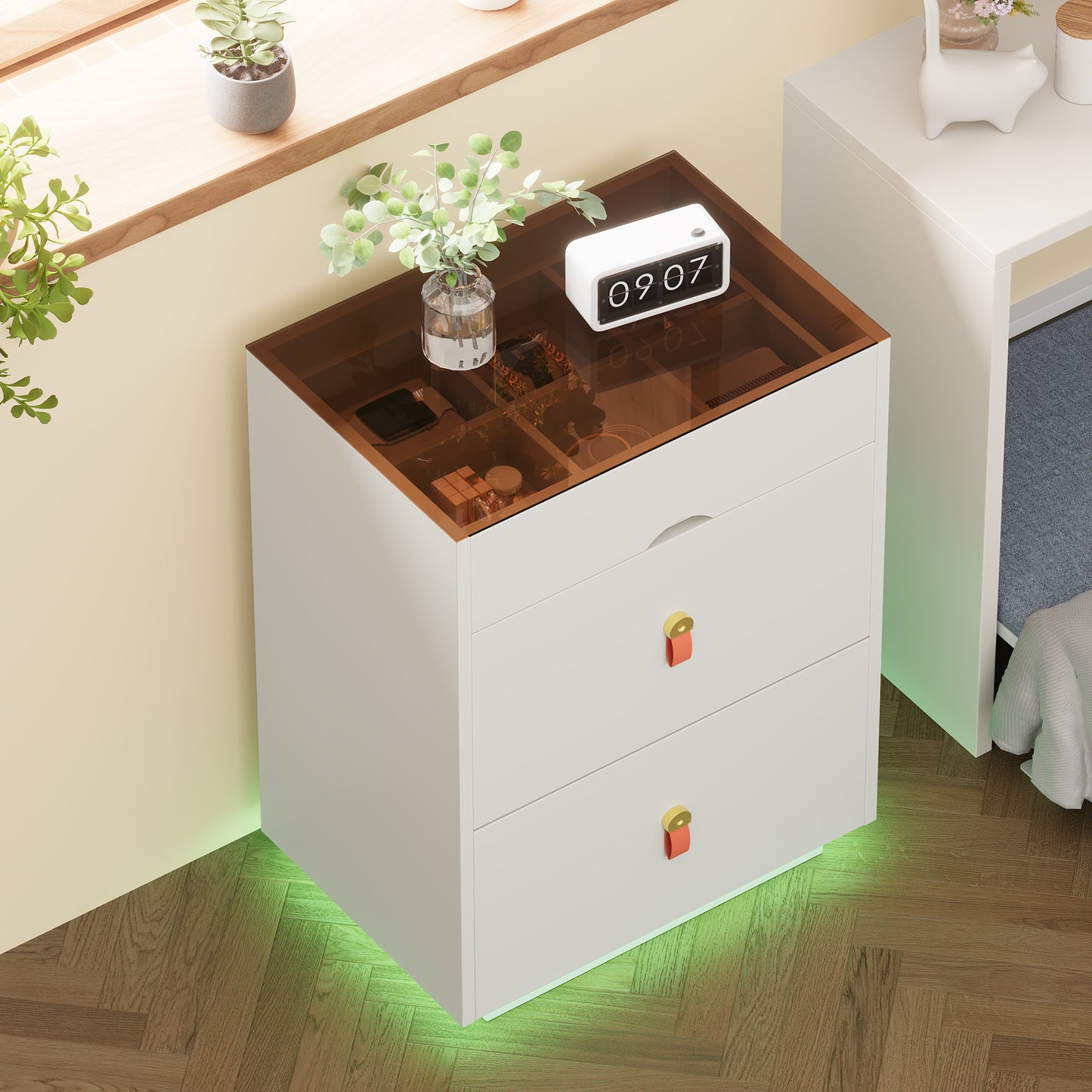 3-Drawer 30'' Nightstand with LED Light, Modern Nightstand with 3 Storage Drawers, Bedside Table with Glass Top Jewelry Storage and Faux Leather Handles for Bedroom, Livingroom, Cloakroom, White N733P304515K