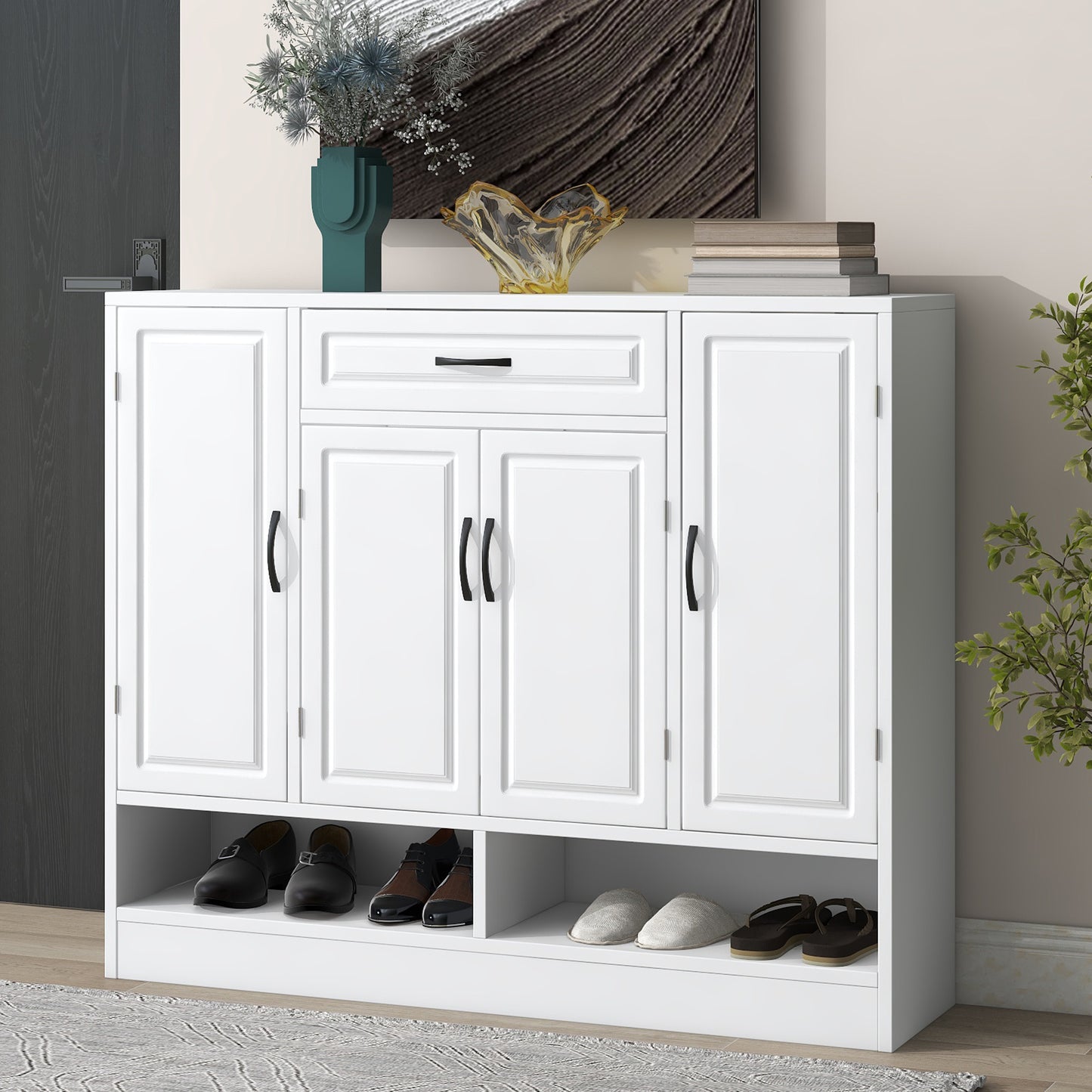 ON-TREND Sleek and Modern Shoe Cabinet with Adjustable Shelves, Minimalist Shoe Storage Organizer with Sturdy Top Surface, Space-saving Design Side Board for Various Sizes of Items, White WF304415AAK