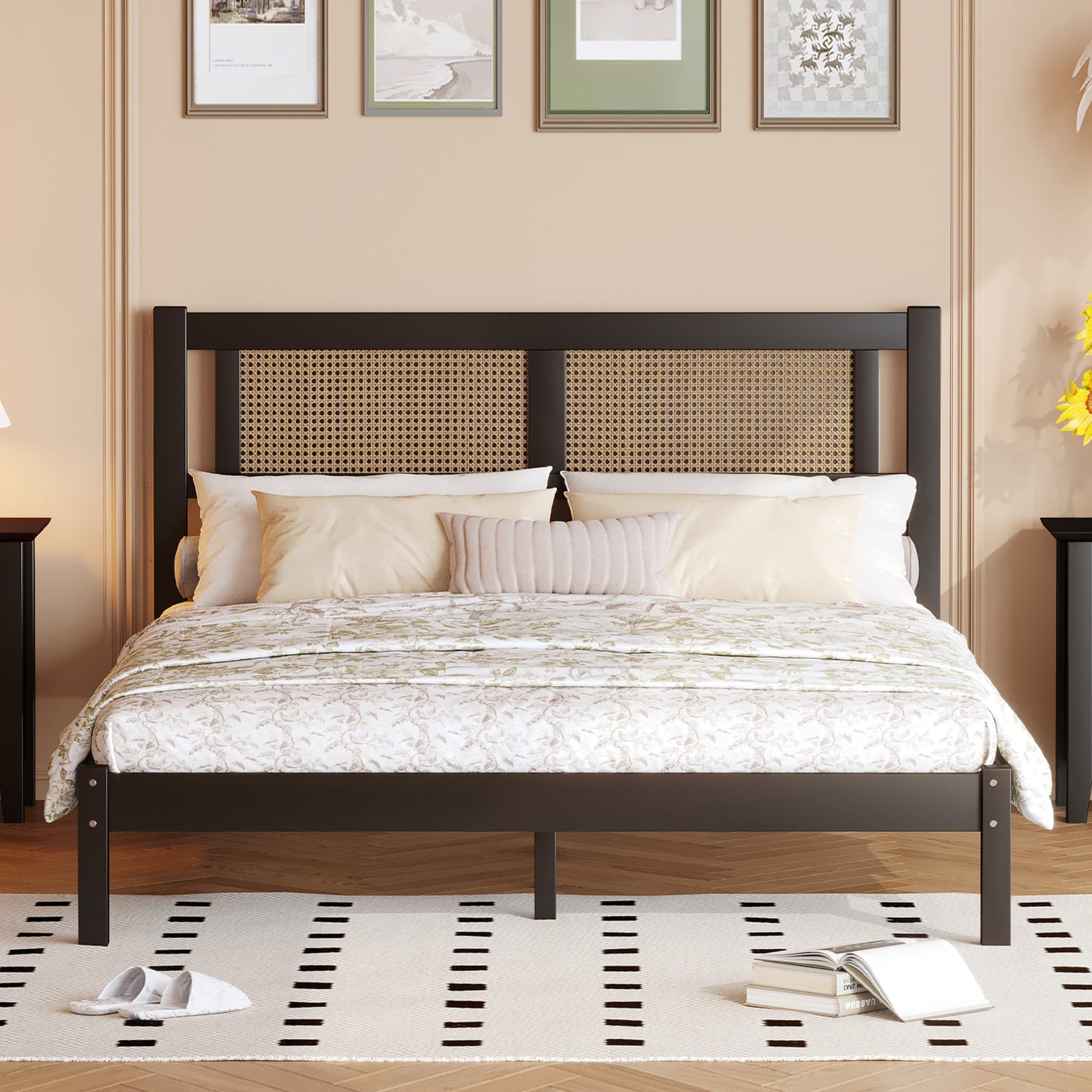 Queen Size Wooden Platform Bed with Natural Rattan Headboard, Exquisite Elegance with Minimalist Charm for Bedroom, Black WF318537AAB