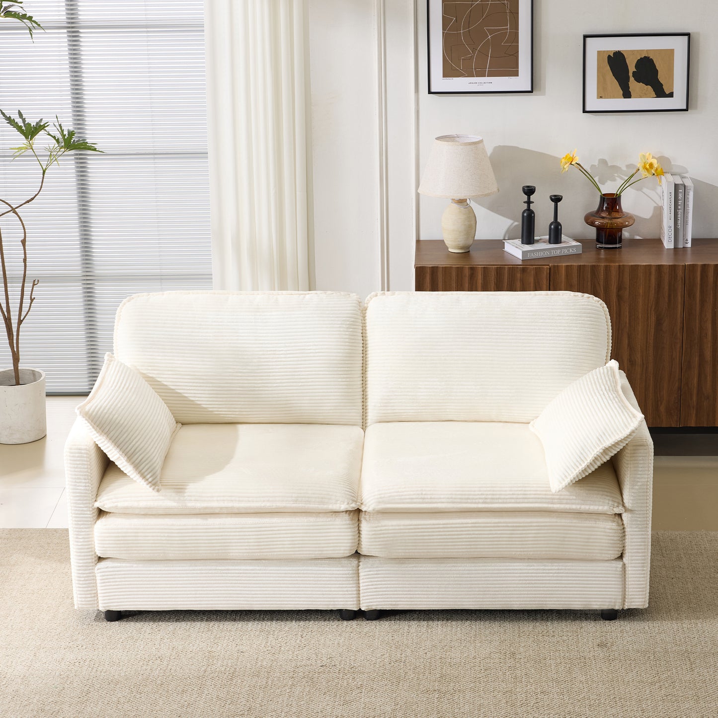 69' PLUSH CLOUD LOVESEAT: Modular 2-Seater Sectional Sofa with 22' Beige Chenille Cushions + 2 Throw Pillows - Compact Size for Apartment, Living Room, Bedroom (Beige) W1829P324893