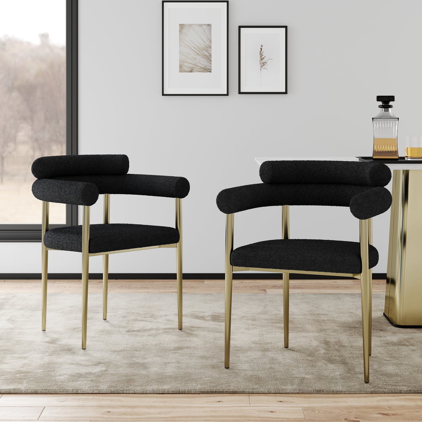 Woker Dining Chairs Set of 2, Mid-Century Modern Dining Chairs, Kitchen Dining Room Chairs, Round Boucle Backrest Sherpa Dining Chair with Brushed Bronze Metal Legs W1567139483