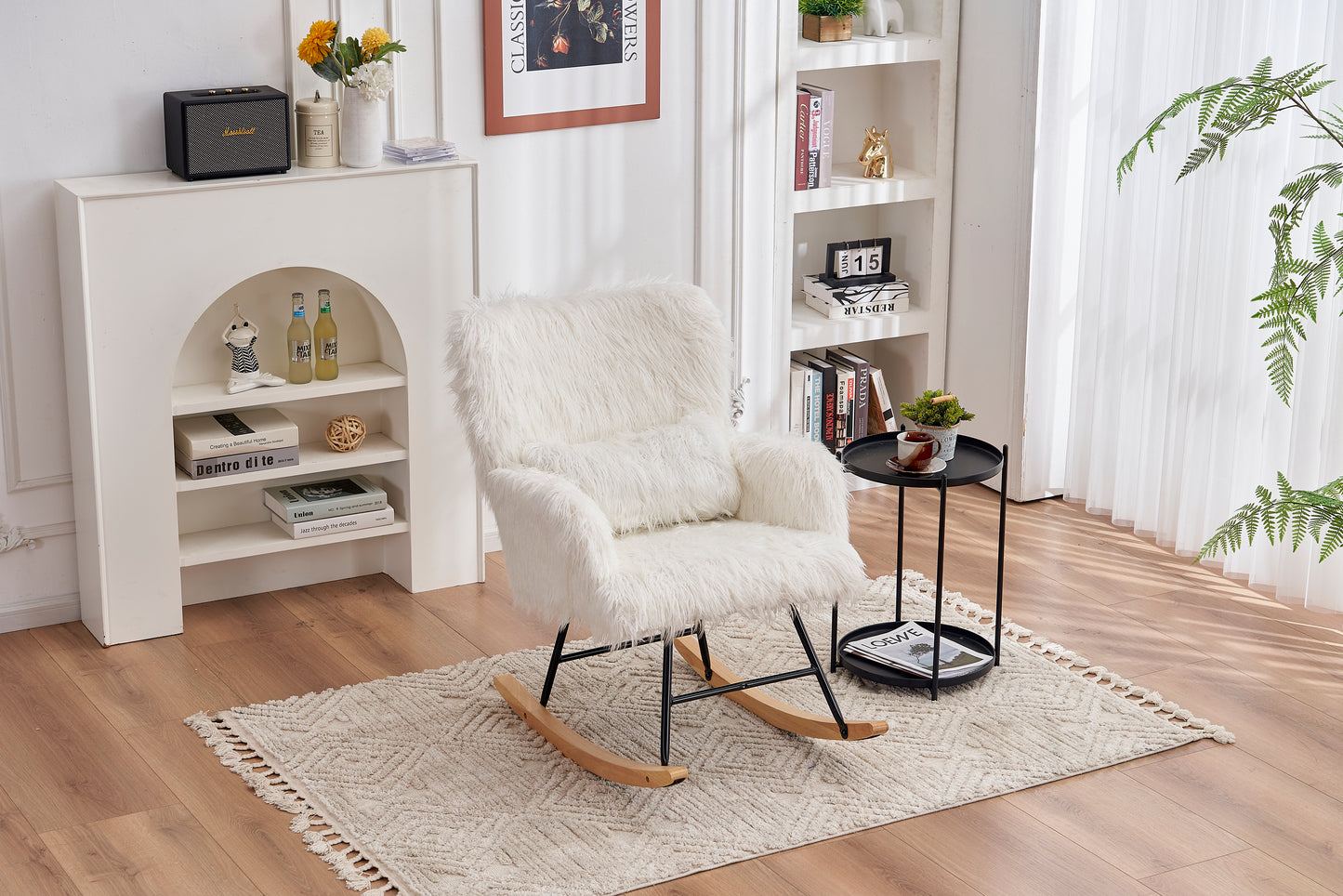 (缺货)Rocking Chair Nursery, Solid Wood Legs Reading Chair with Lazy plush Upholstered and Waist Pillow, Nap Armchair for Living Rooms, Bedrooms, Offices, Best Gift,White
