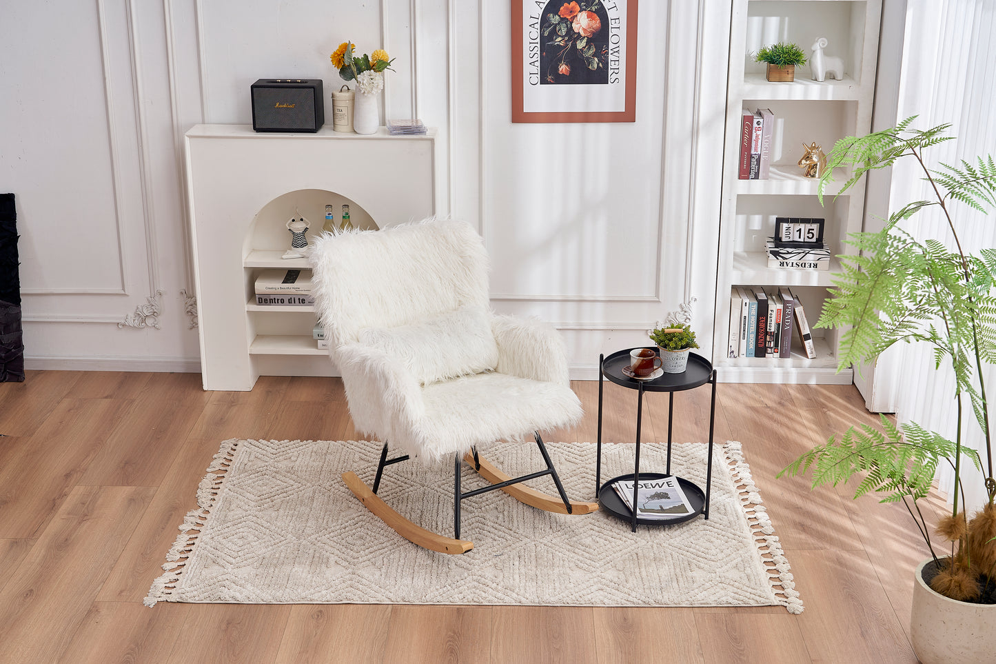 (缺货)Rocking Chair Nursery, Solid Wood Legs Reading Chair with Lazy plush Upholstered and Waist Pillow, Nap Armchair for Living Rooms, Bedrooms, Offices, Best Gift,White