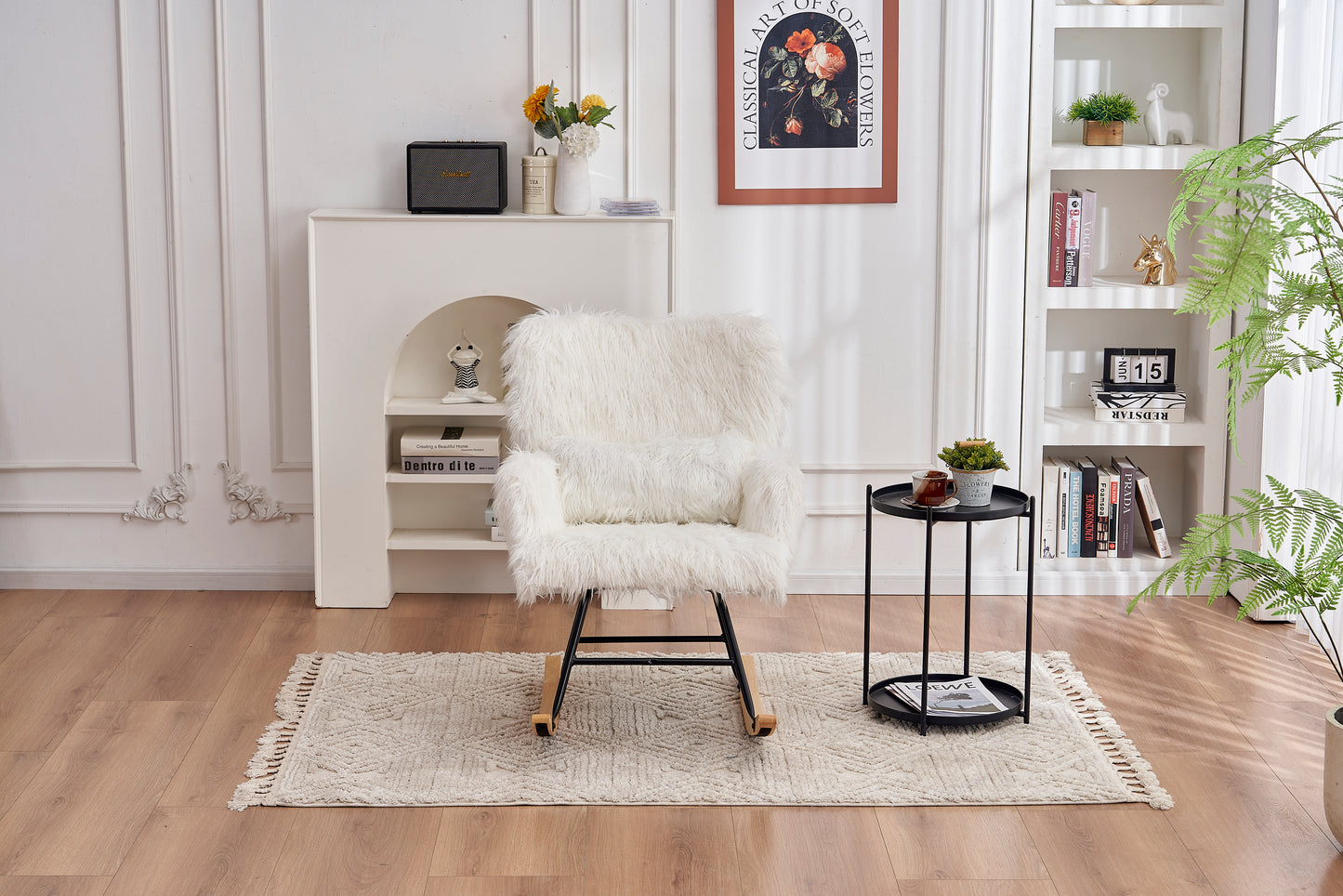 (缺货)Rocking Chair Nursery, Solid Wood Legs Reading Chair with Lazy plush Upholstered and Waist Pillow, Nap Armchair for Living Rooms, Bedrooms, Offices, Best Gift,White