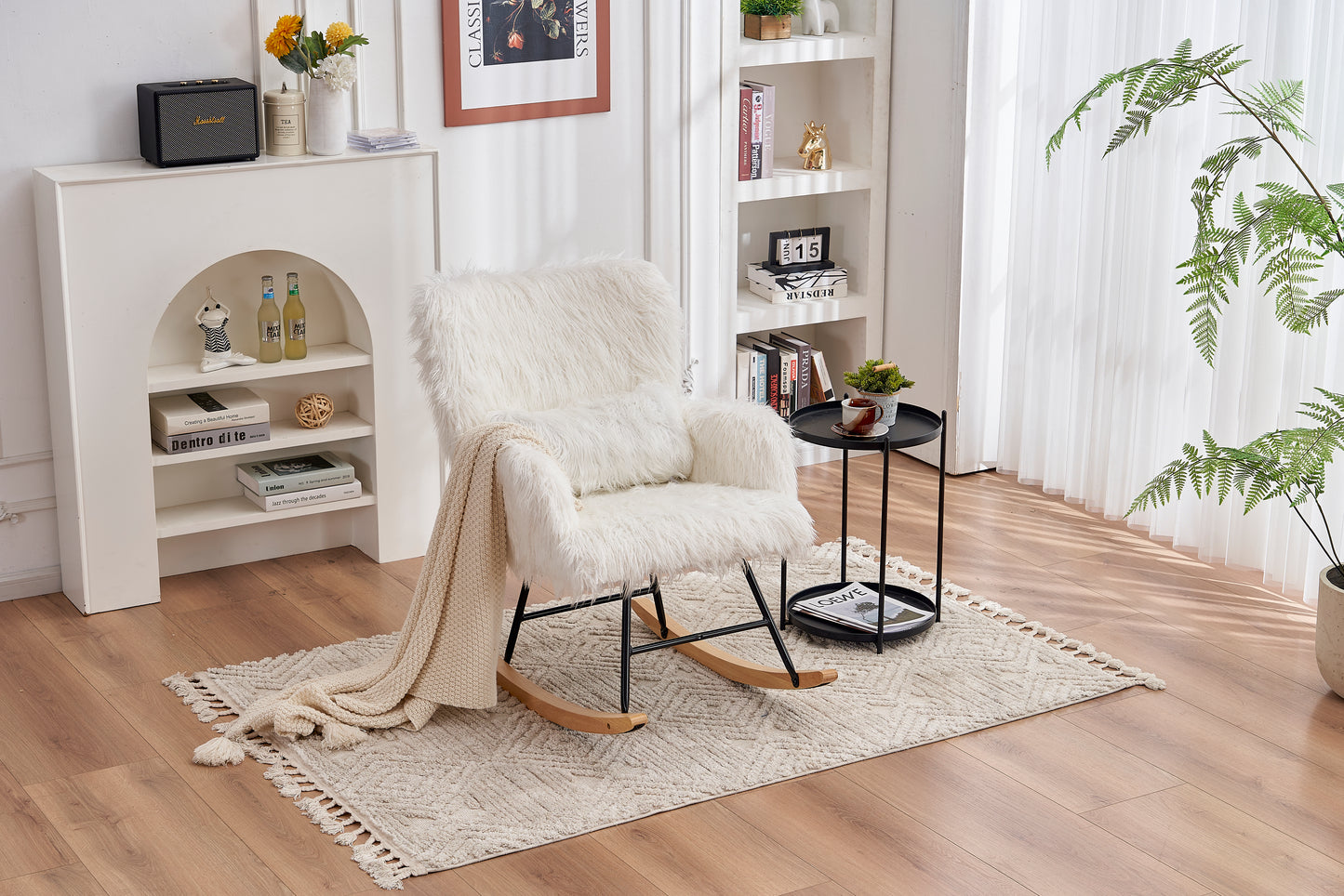 (缺货)Rocking Chair Nursery, Solid Wood Legs Reading Chair with Lazy plush Upholstered and Waist Pillow, Nap Armchair for Living Rooms, Bedrooms, Offices, Best Gift,White