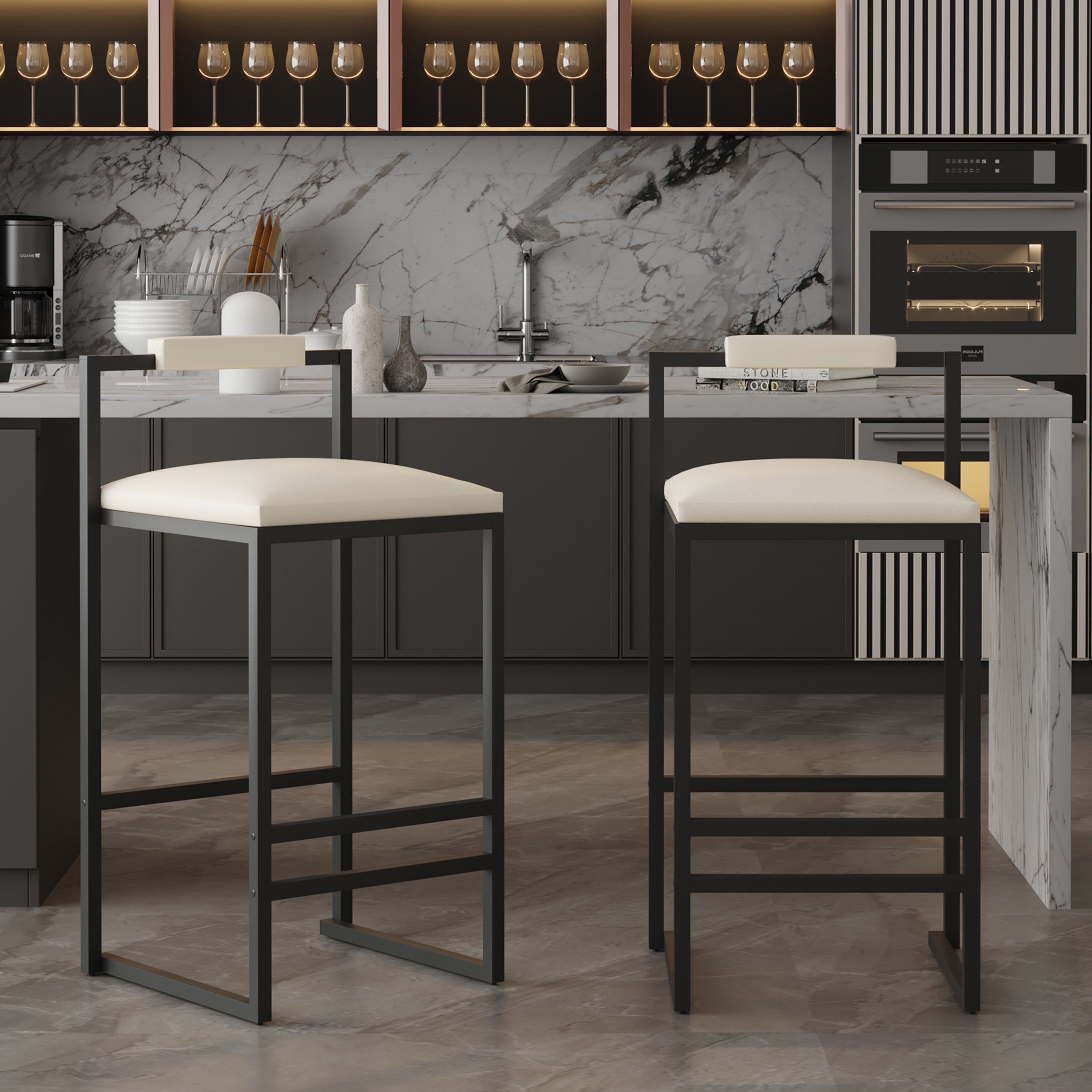 Set of 2 Barstools Faux Leather Upholstered Bar Stools Modern Metal Fr YYHOME