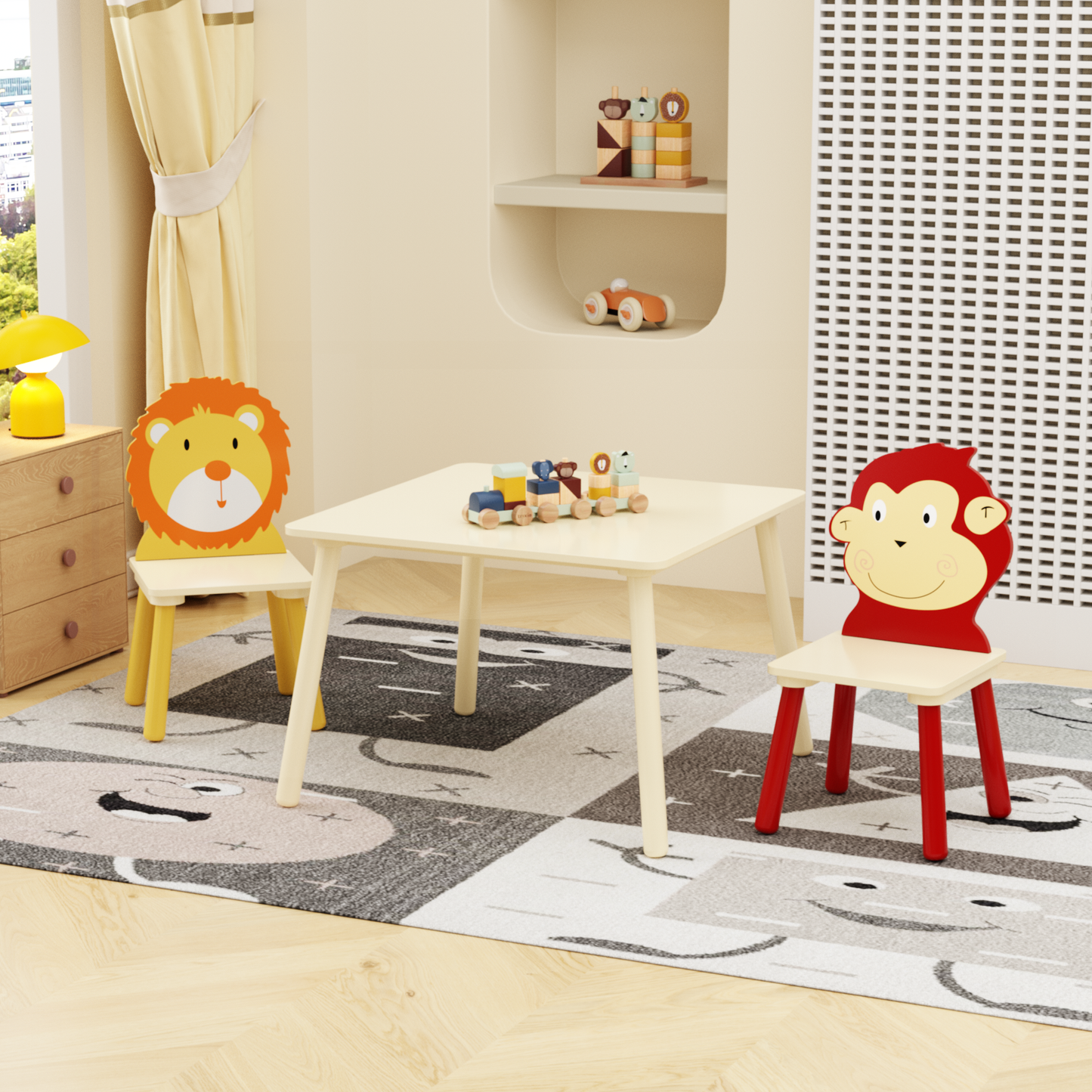 Kids Table and 2 Chairs Set, 3 Pieces Toddler Table and Chair Set, Wooden Activity Play Table Set (Lion&Monkey) W80891667