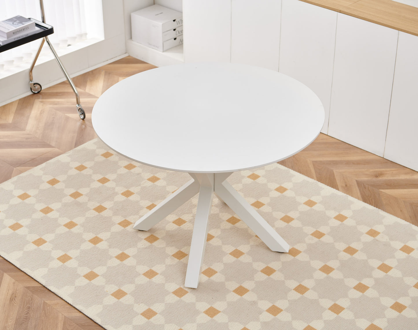 42.1'WHITE Table Mid-century Dining Table for 4-6 people With Round Mdf Table Top, Pedestal Dining Table, End Table Leisure Coffee Table,cross leg W234122455