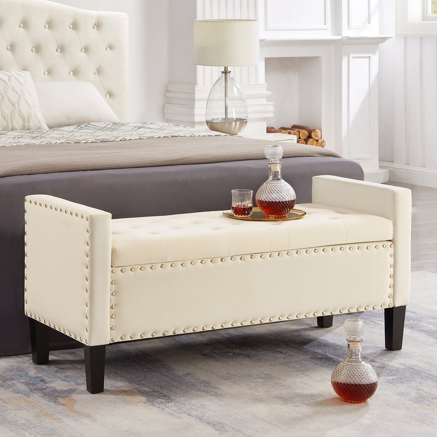 Upholstered Tufted Button Storage Bench with nails trim,Entryway Living Room Soft Padded Seat with Armrest,Bed Bench - Cream W2186139089
