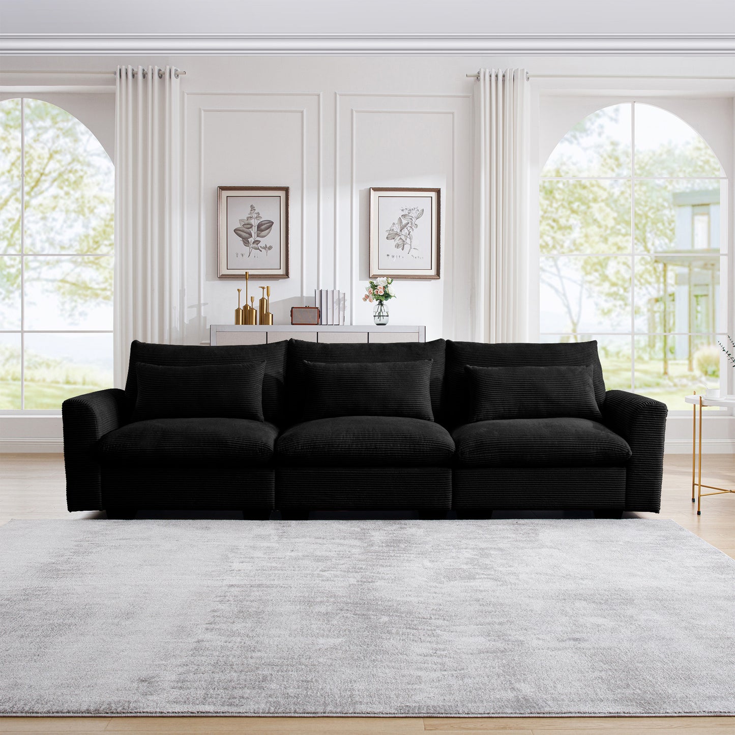 3 Seater Deep Seat Couches for Living Room, Wide and Deep Seat Comfy Living Roo Sofas with 3 Waist Pillows, black Corduroy W714S00849
