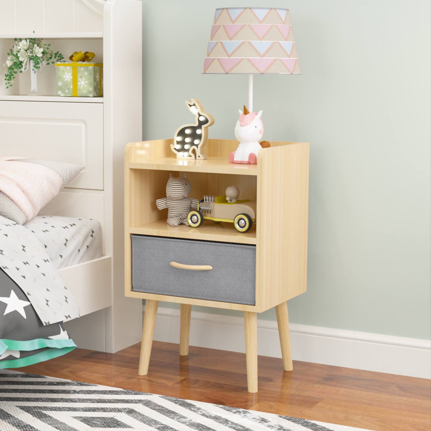 Nightstand With Collapsible Fabric Drawer, 2-Tier Storage End Table, Wood Side Table with Storage Cabinet or Kids, Adults - Oak W808P291367