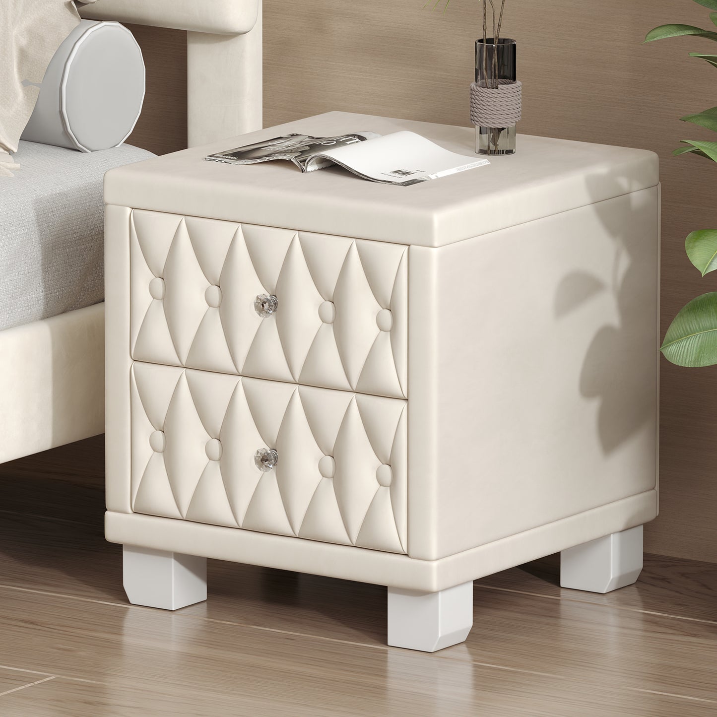 Elegant Velvet Nightstand with 2 Drawers and Crystal Handle, Storage Bedside Table with Button-Tufted, Beige N733P210398A