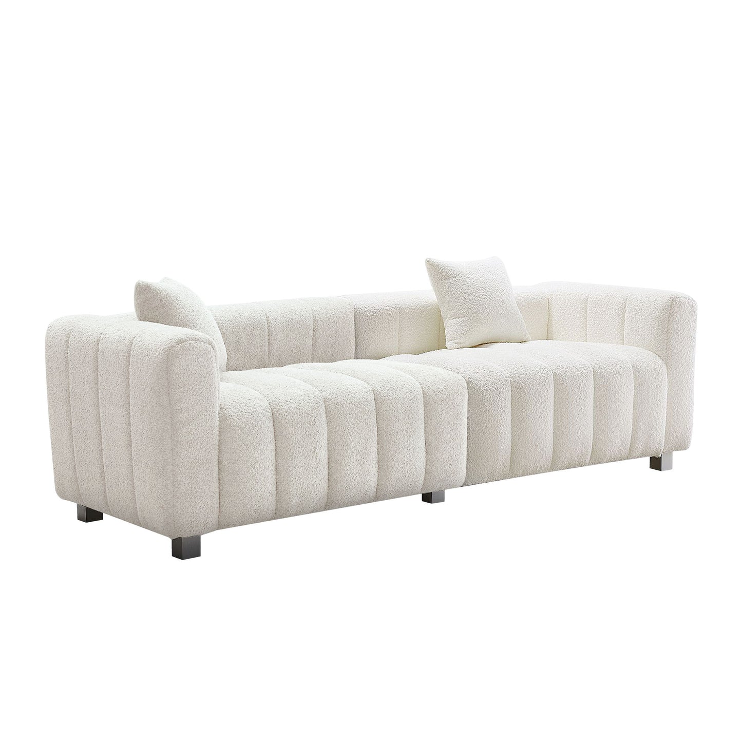 Modern Velvet 3-Seater Sofa with Metal Base Legs and 2 Pillows, White Upholstered Couch for Living Room or Bedroom, 87.4'' x 33'' x 26'' W2795S00009