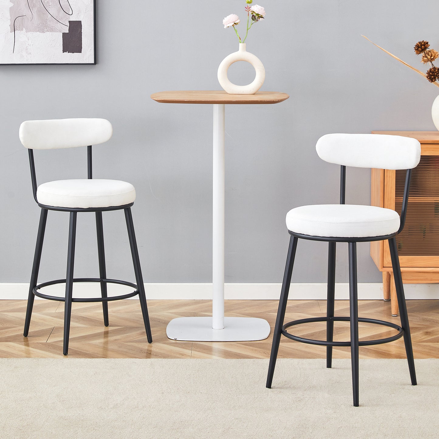 Fashionable and Comfortable - Two Sets of Ergonomic High Legged Bar Chairs,With White Fabric Cushions And a Total Height Of 35.5 Inches.Black And White Classic Color Scheme.W1151P279690