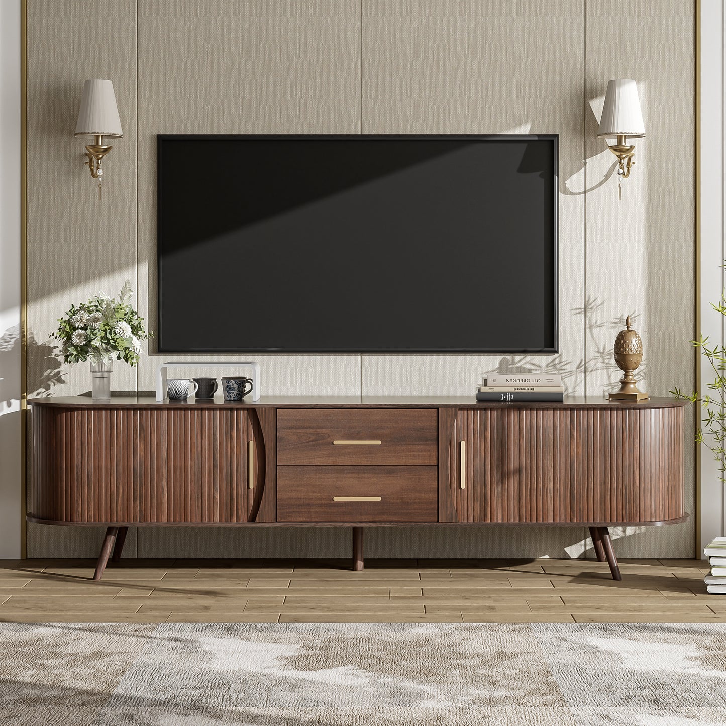 Mid-Century Modern TV Stand for 80' TV, Entertainment Center with Storage for Living Room, Bedroom, Media Console Table with 2 Drawers N710P257611P