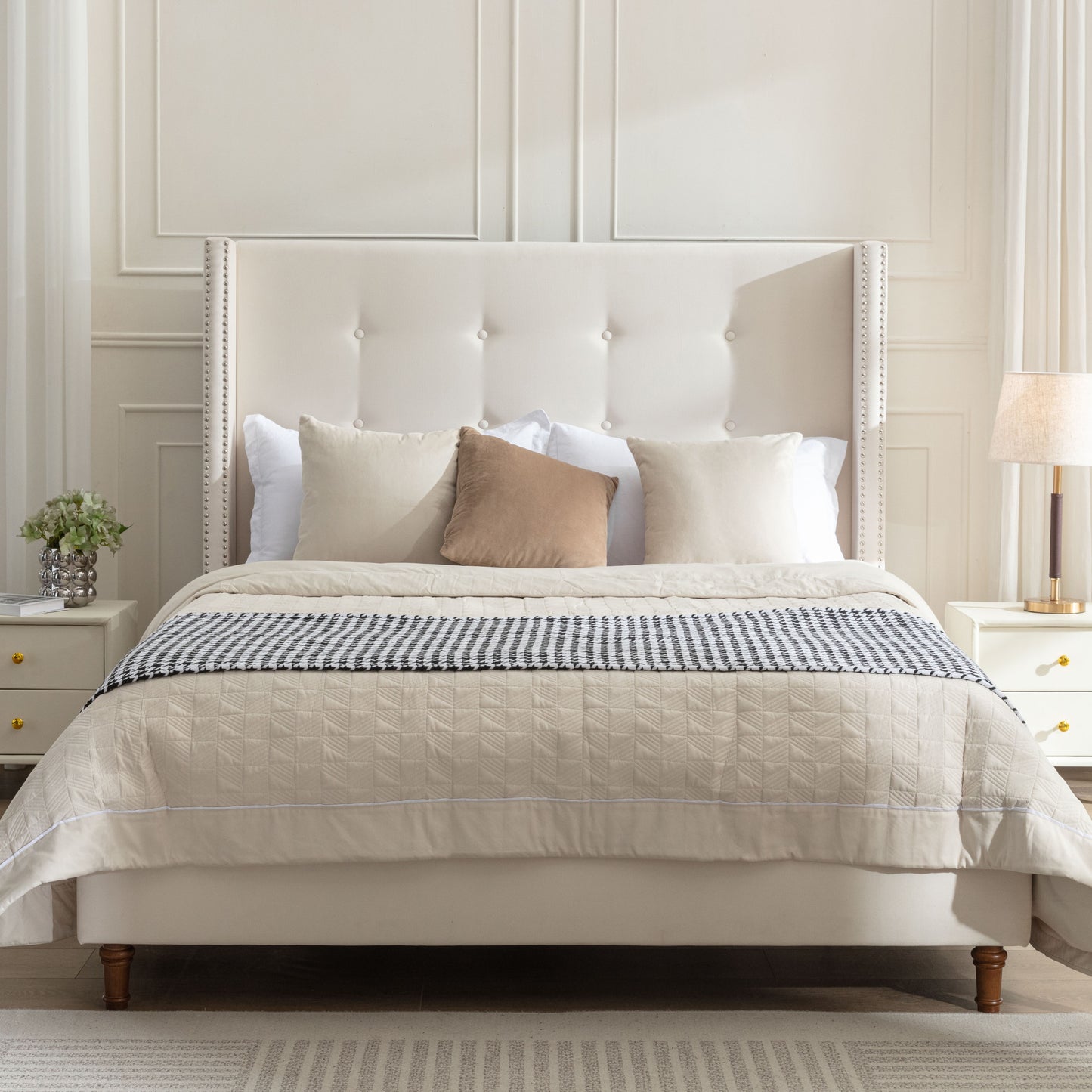 Peyton Upholstered Queen Bed / 54' High Headboard / Traditional Hand Buttoned Tufting / Nailhead Trim Wingback / No Box Spring Needed / Easy Assembly / Ivory Velvet B083P152026
