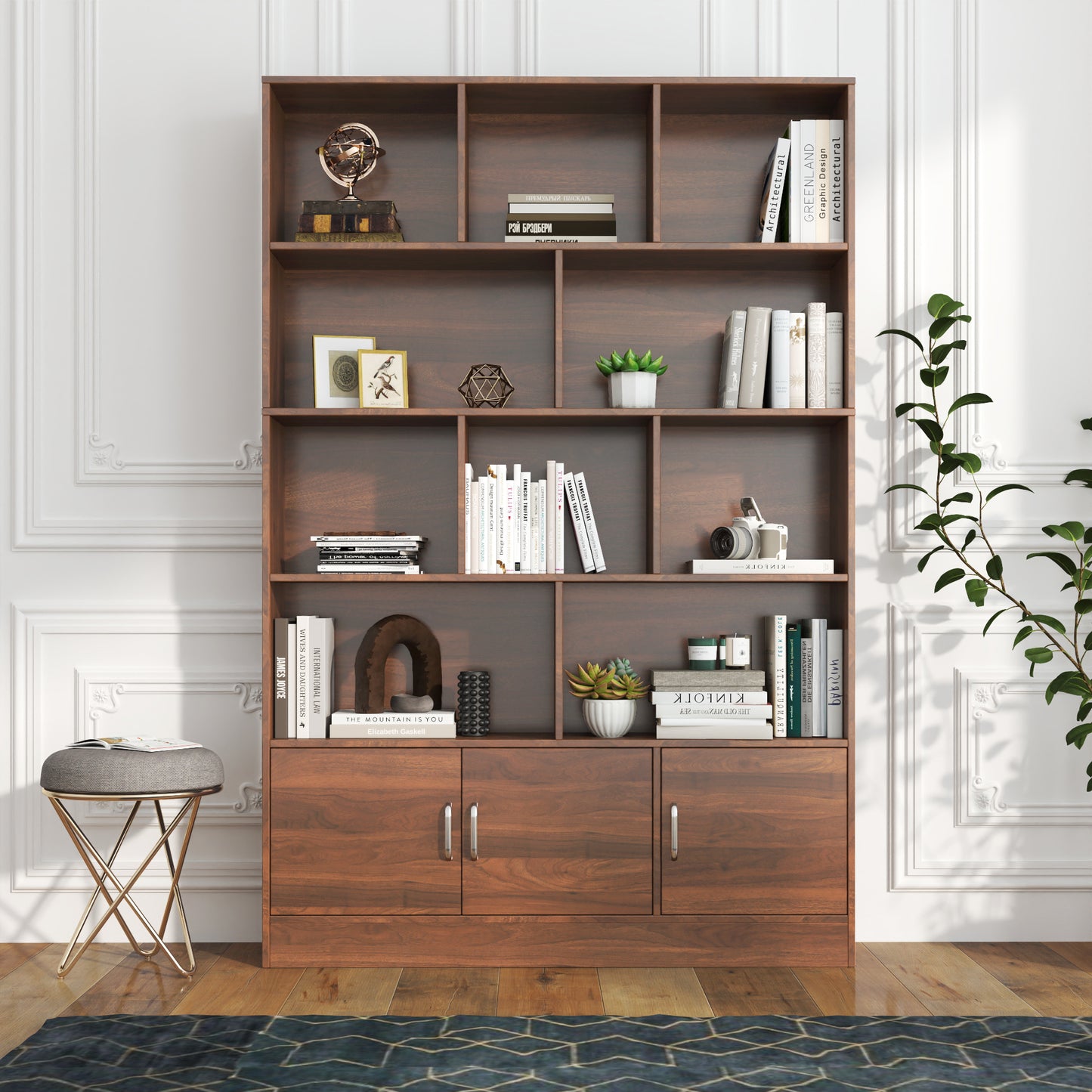 70.87' Tall Bookshelf with 10 Cubes and 3 Doors, 4-Tier Bookshelf, Open Shelf Bookcase with Cabinet, Modern Cube Storage Organizer for Living Room, and Office W331P257393