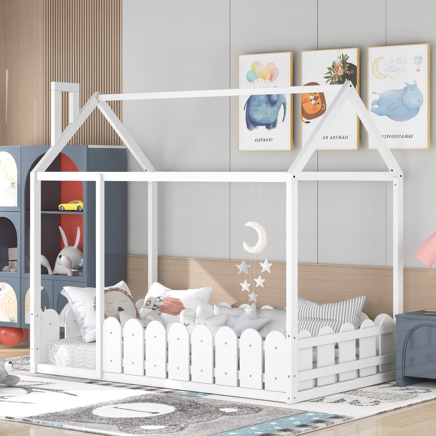 {Slats are not included}Twin Size Wood Bed House Bed Frame with Fence,for Kids,Teens, Girls,Boys {White} WF294208AAK