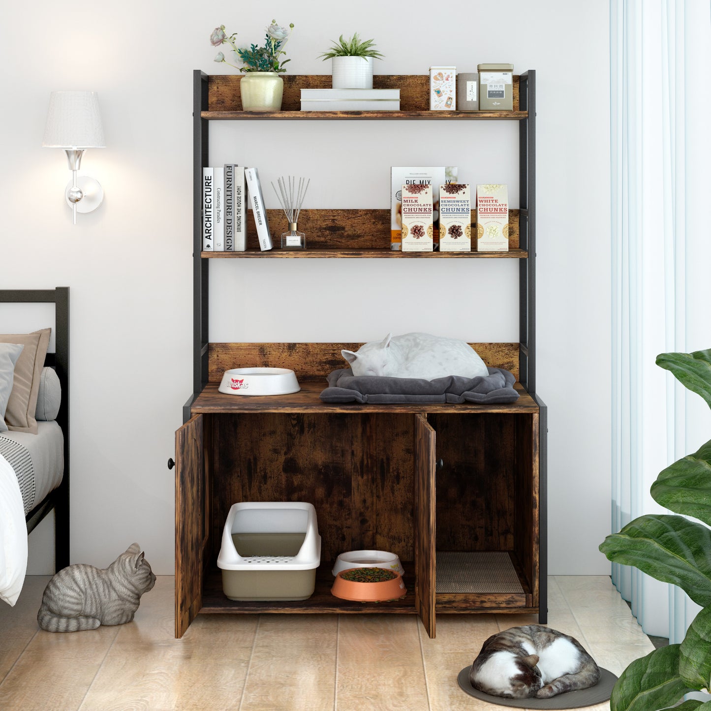 Large Cat Litter Box Enclosure With Shelf Storage, Hidden Cat Washroom Furniture, Wooden Cat House With Scratch Pad, Sturdy Indoor Cat Cabinet With 2 Doors(Brown) W578125520
