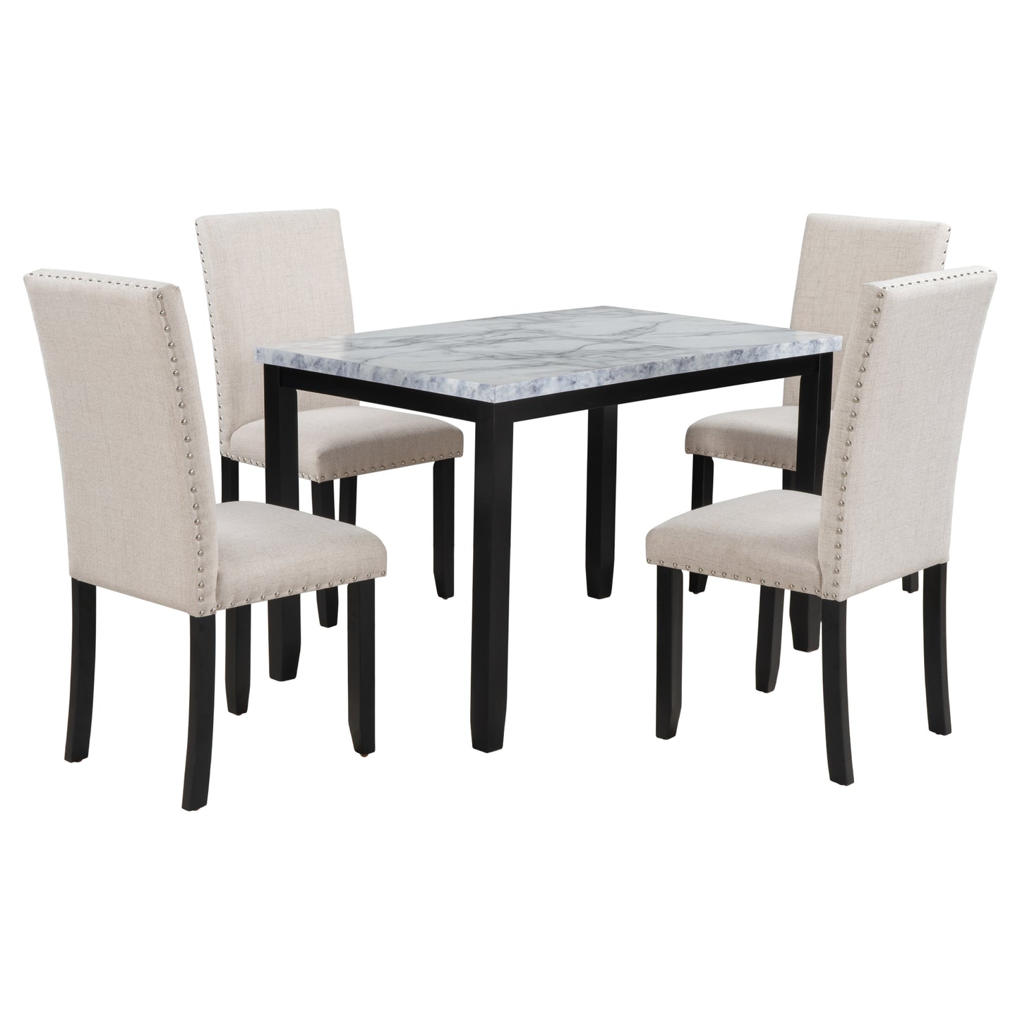 TREXM Faux Marble 5-Piece Dining Set Table with 4 Thicken Cushion Dining Chairs, White/Beige+Black, Rubber Wood ST000040AAA