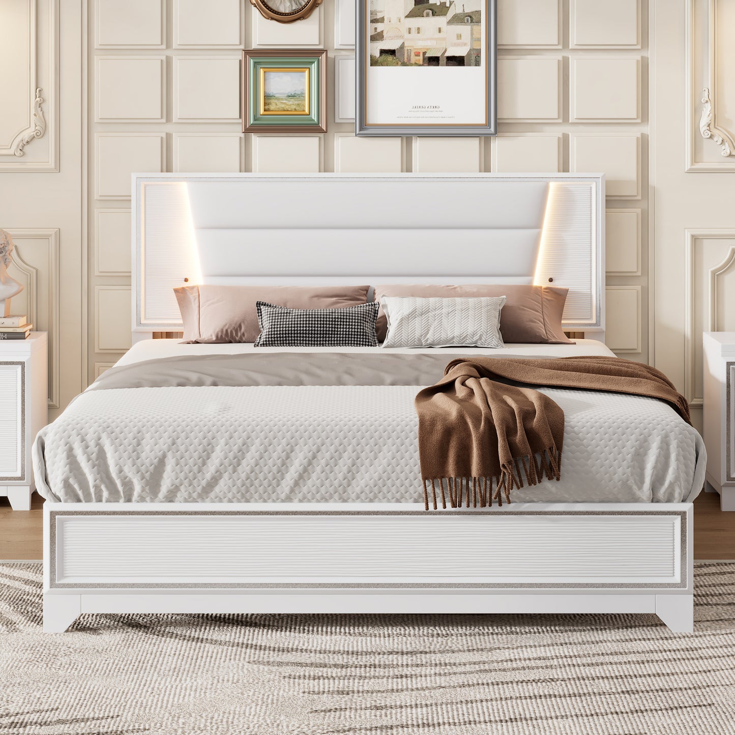 Queen Size PU Upholstered Bed, Headboard with LED Light Strips and Sparkling Shiny Decoration, No Box Spring Required, White WF531199AAK
