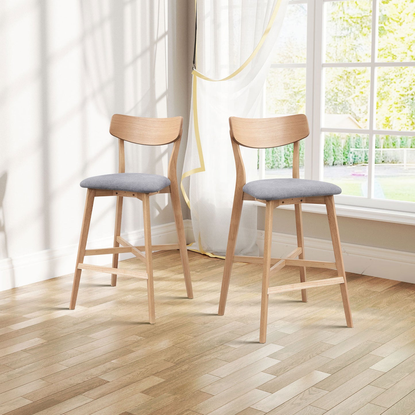 Wooden Bar Chairs Set of 2, Modern Soft Upholstered Kitchen Island Chairs, Counter Height Stool with Backrest,Wooden Frame Chairs with Footrest for Pub,Living Room,Restaurant,OAK W2582P197592